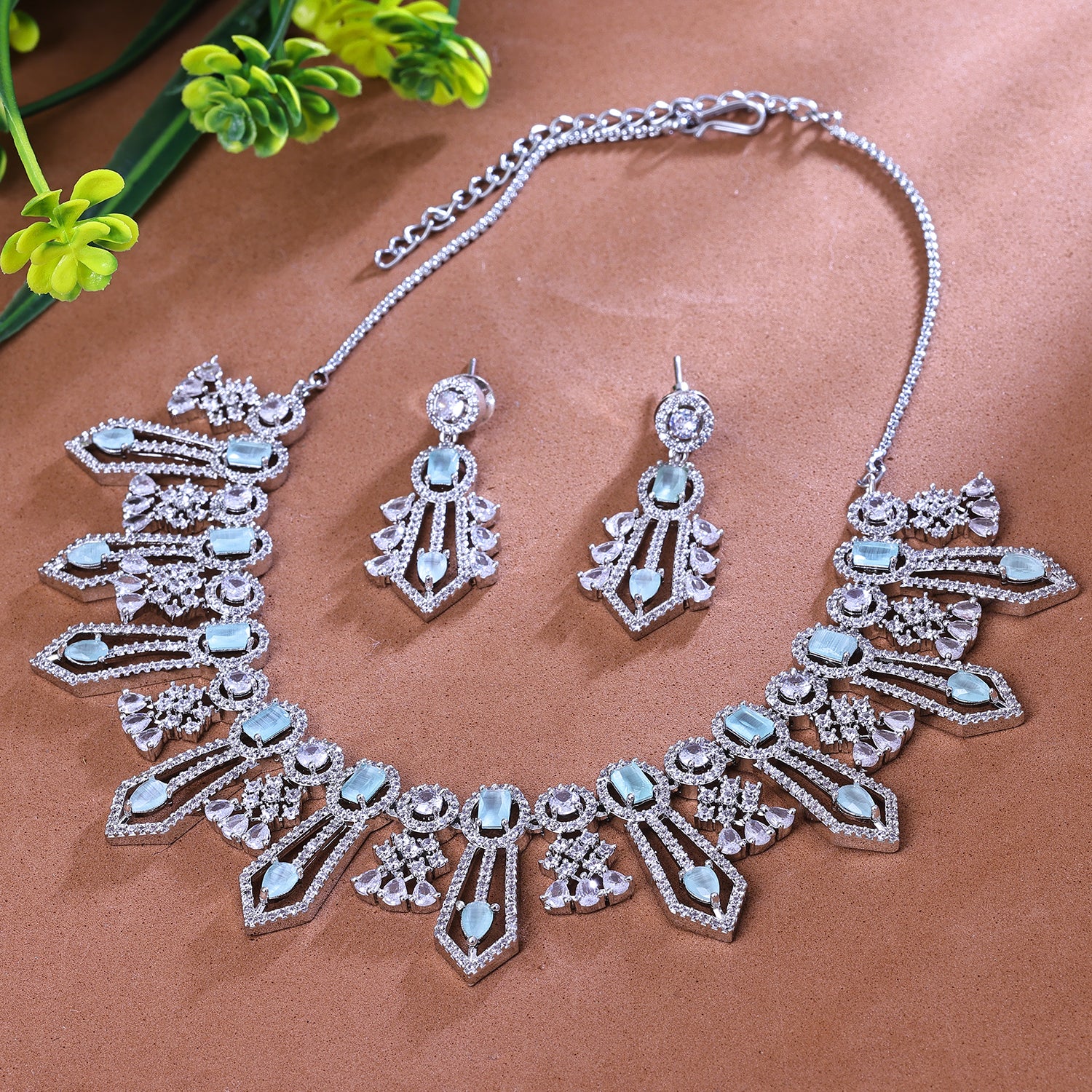Sukkhi Darling Aqua Blue And Silver CZ Stone Rhodium Plated Traditional Necklace Set for Women