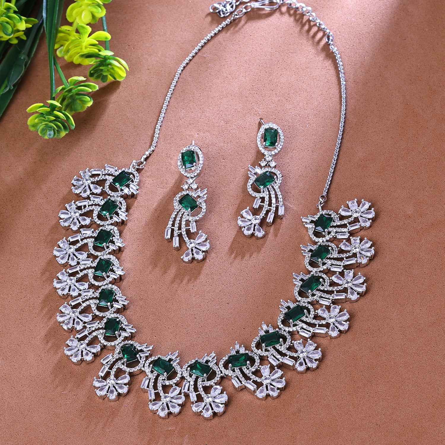 Sukkhi Pleasing Green And Silver Austrian Stone Rhodium Plated Traditional Necklace Set for Women