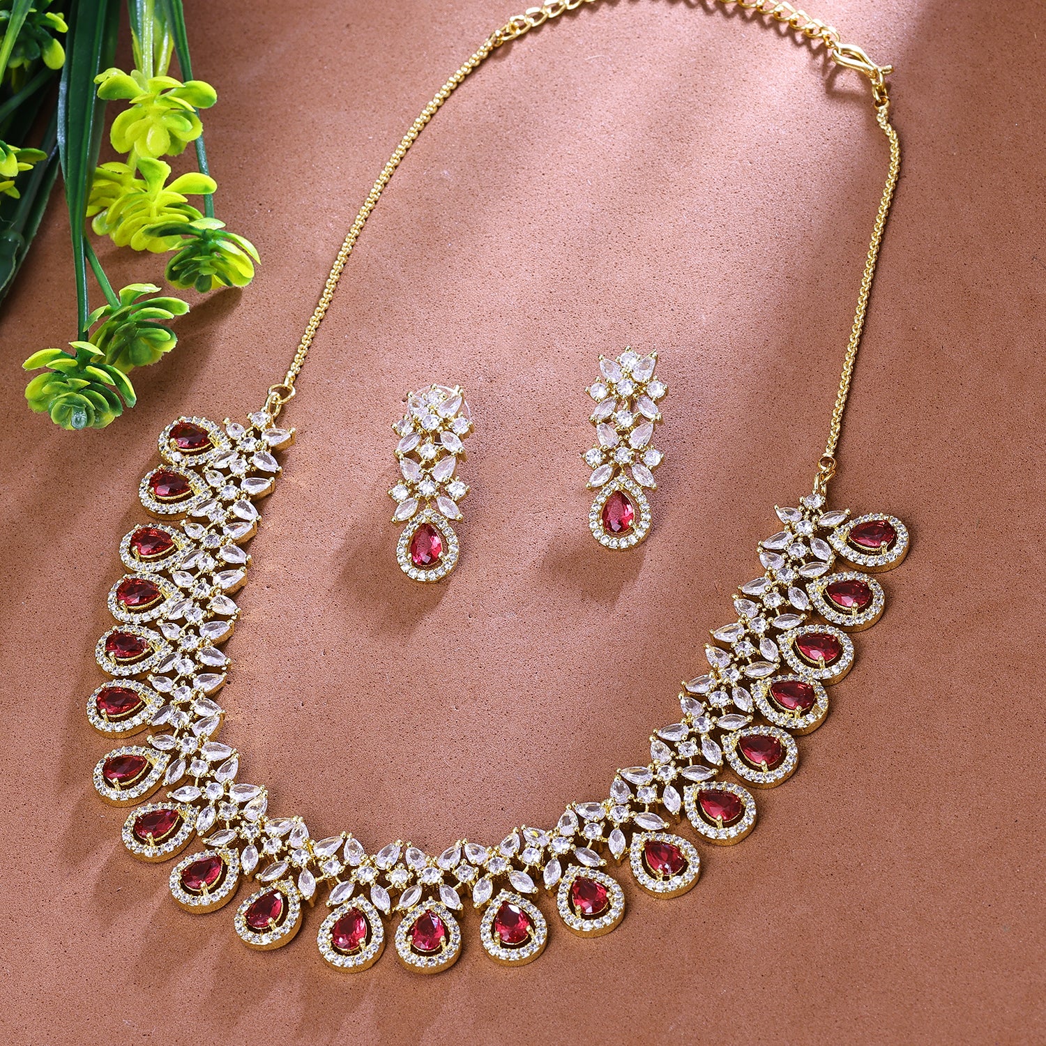 Sukkhi Captivating Red And Golden Austrian Stone Gold Plated Traditional Necklace Set for Women