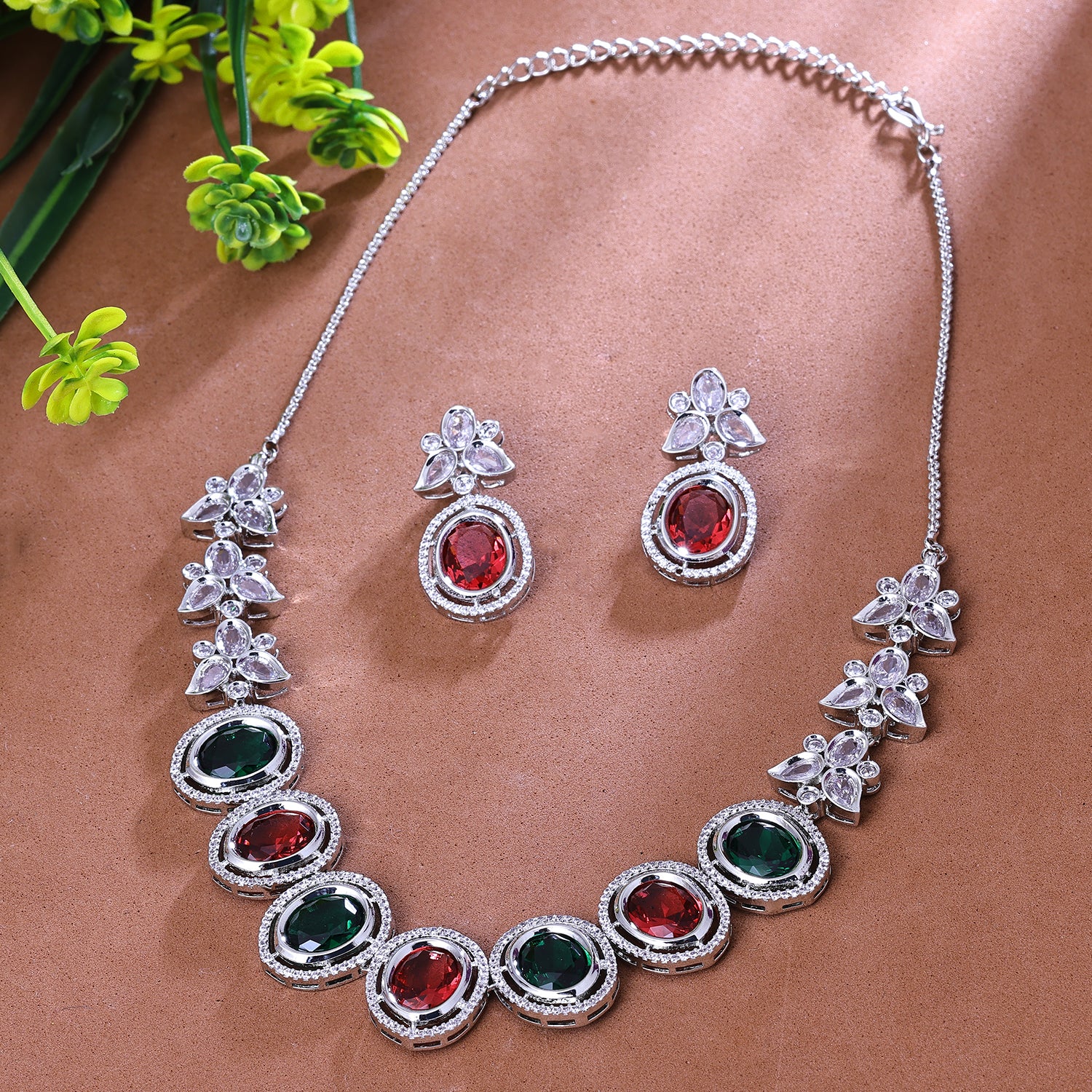 Sukkhi Alluring Multicolor CZ Stone Rhodium Plated Traditional Necklace Set for Women