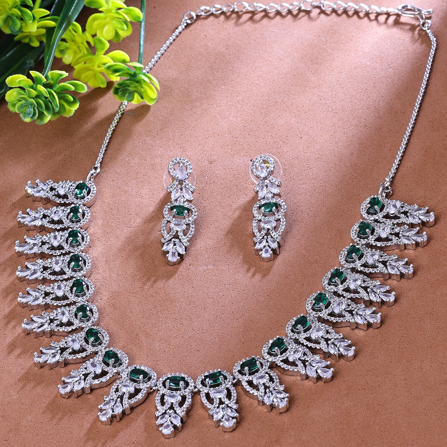 Sukkhi Comely Green And Silver Austrian Stone Rhodium Plated Traditional Necklace Set for Women