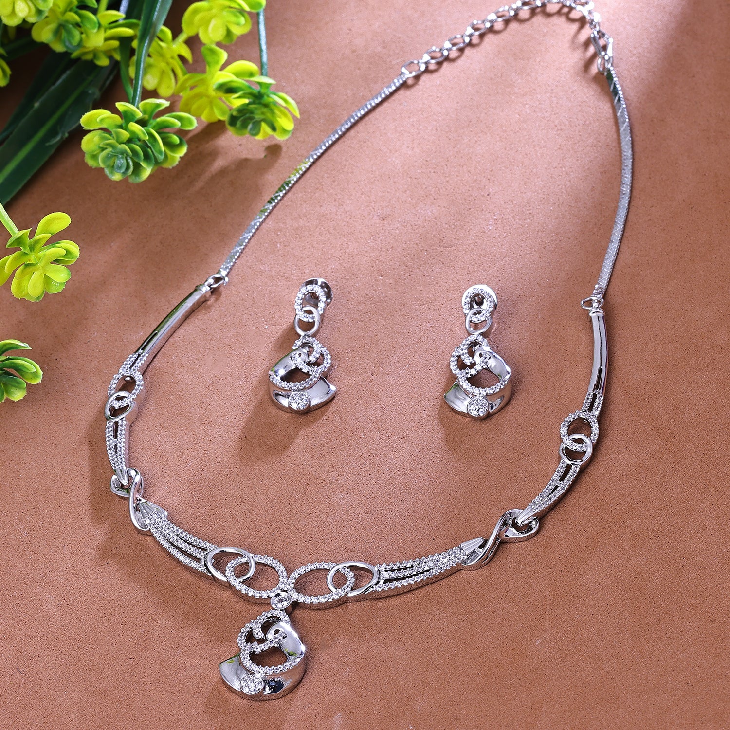 Sukkhi Drop-Dead Silver CZ Stone Rhodium Plated Traditional Necklace Set for Women