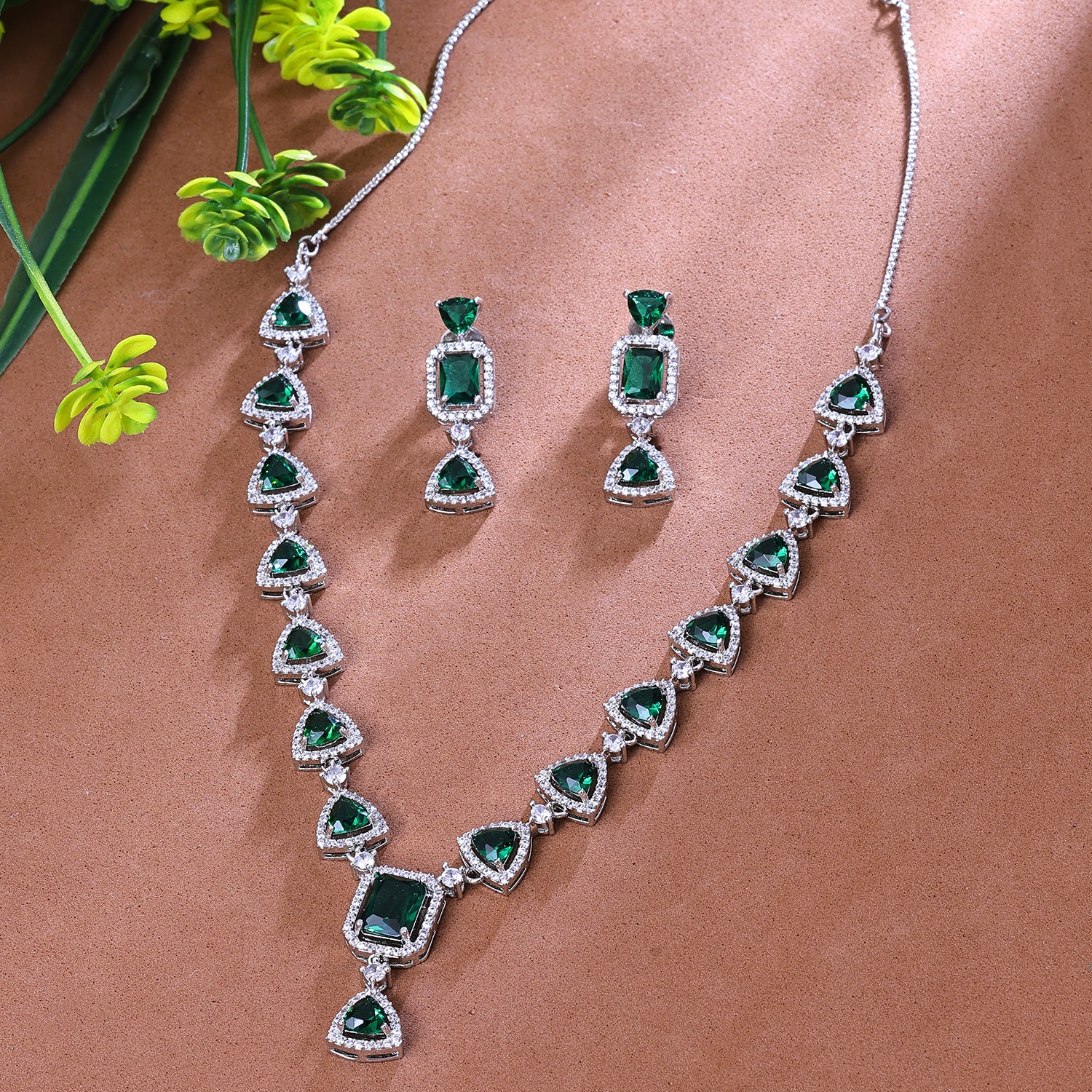 Sukkhi Good-Looking Green And Silver Austrian Stone Rhodium Plated Traditional Necklace Set for Women