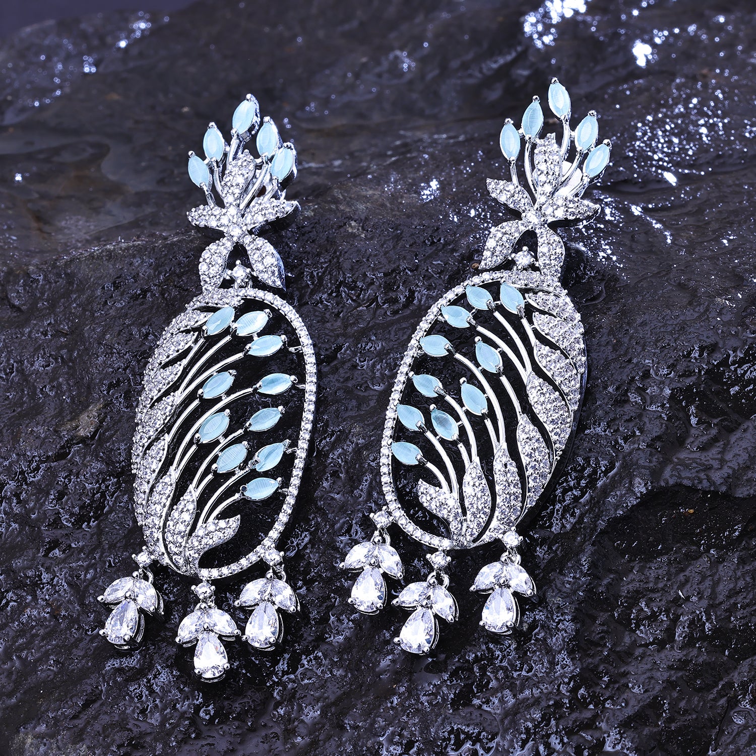 Sukkhi Flawless Silver Color Stone Rhodium Plated Dangler Earrings for Women