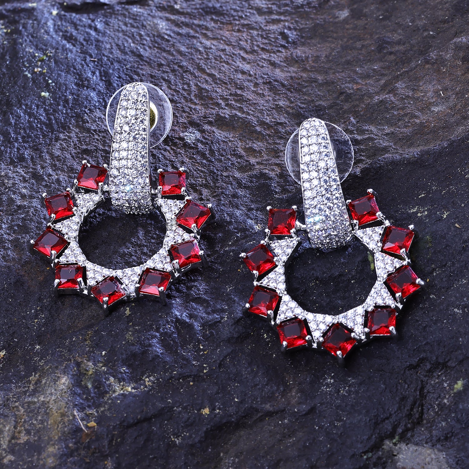 Sukkhi Radiant Red And Silver Color Stone Rhodium Plated Dangler Earrings for Women