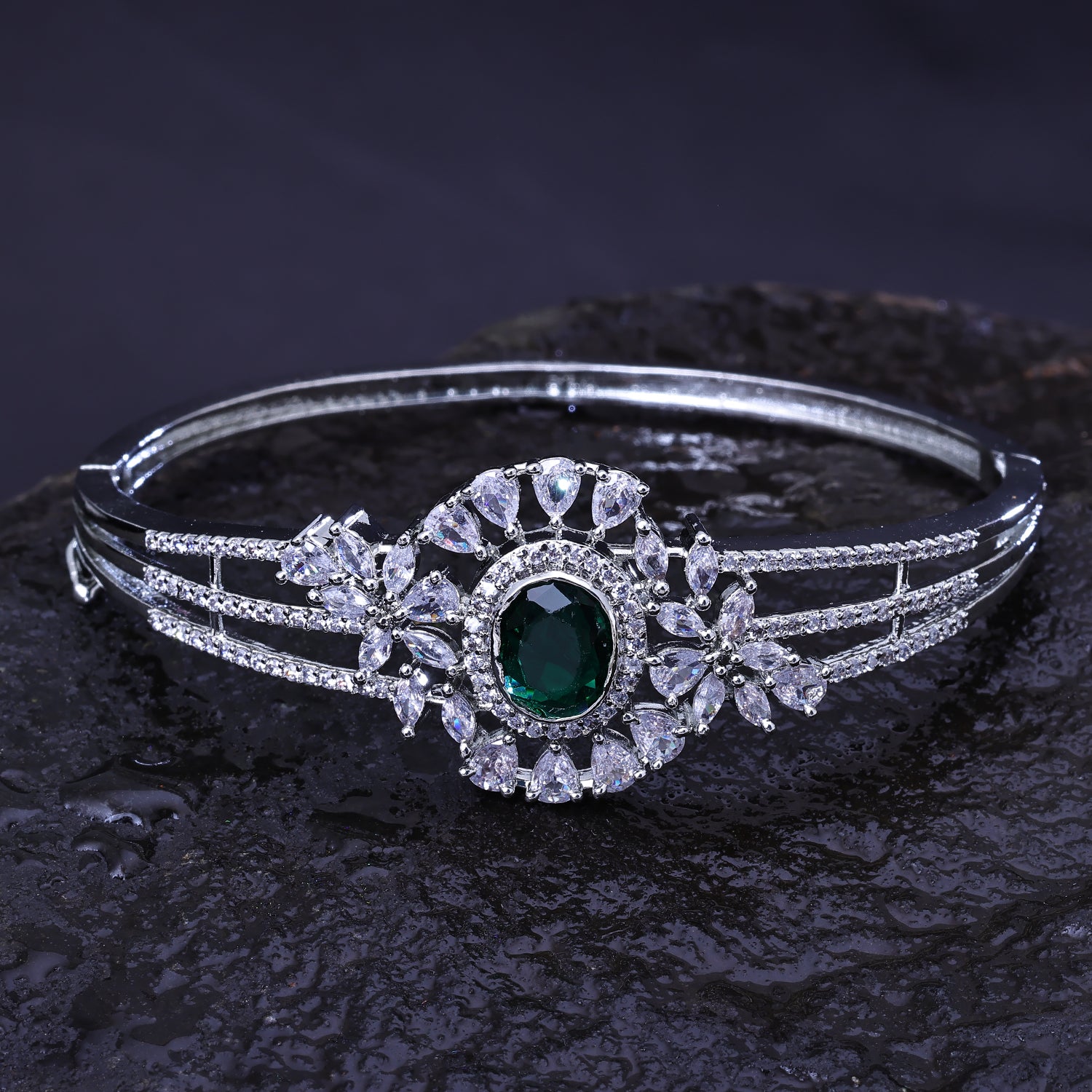 Sukkhi Dishy Green And Silver Austrian Stone Rhodium Plated Kada for Women