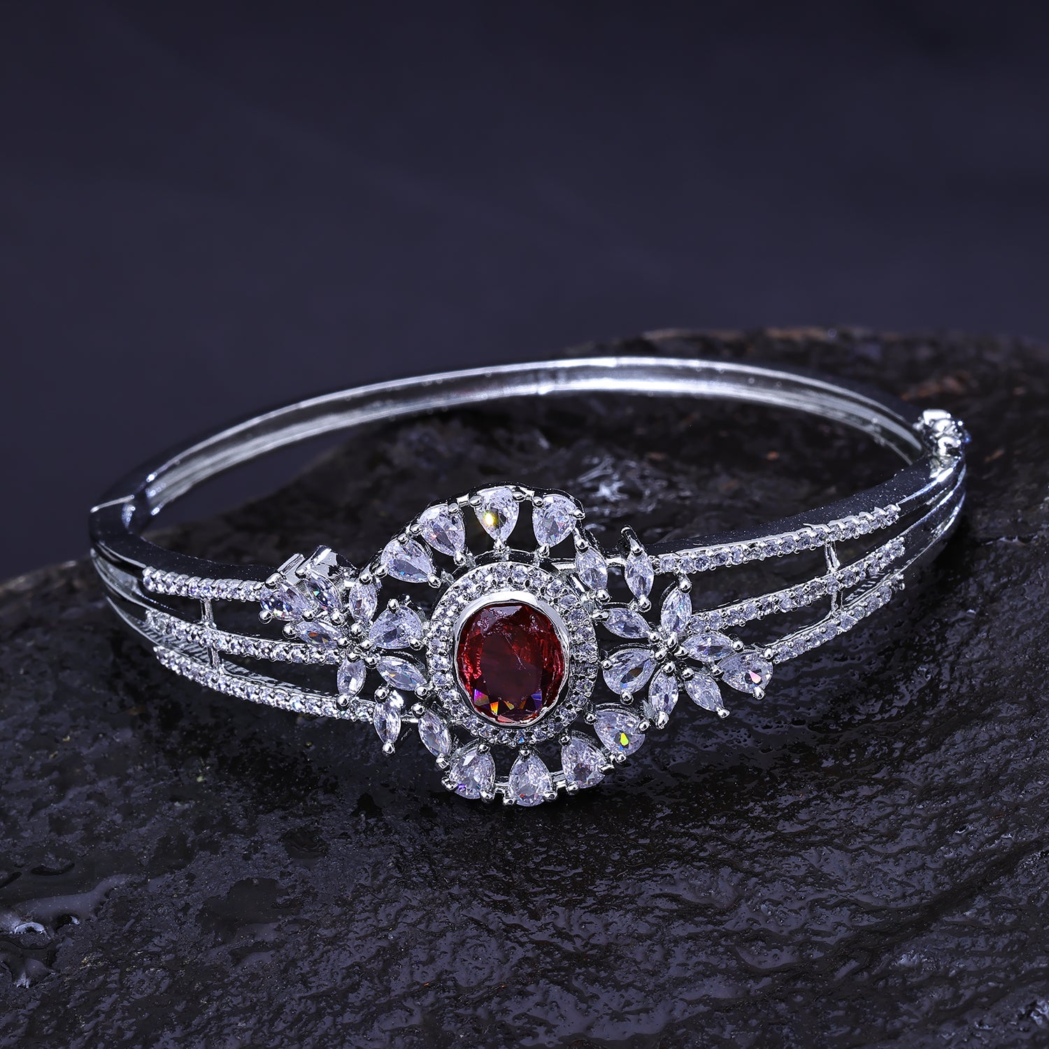 Sukkhi Pulchritudinous Red And Silver Austrian Stone Rhodium Plated Kada for Women