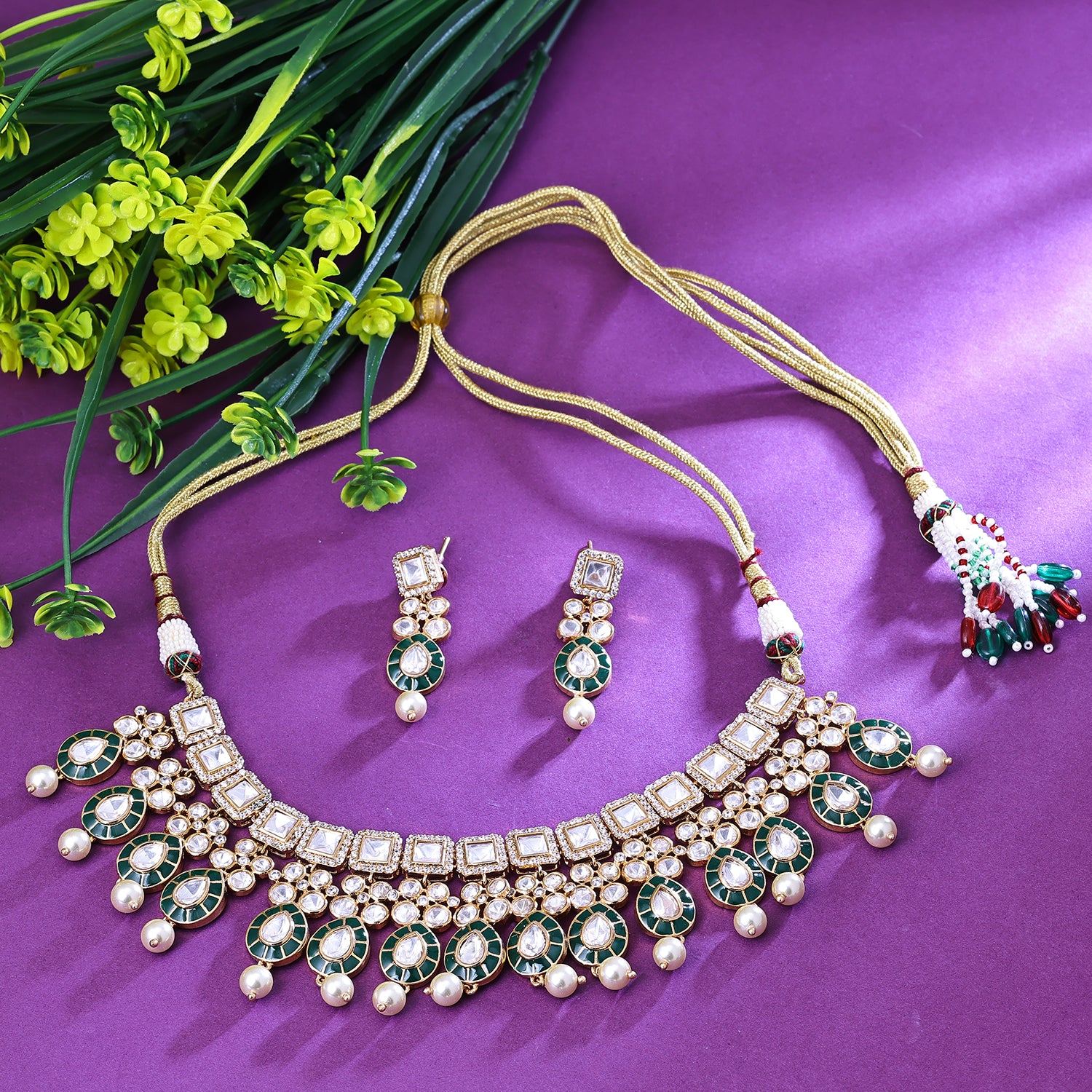 Sukkhi Flamboyant Green And White Austrian Stone Gold Plated Traditional Necklace Set for Women