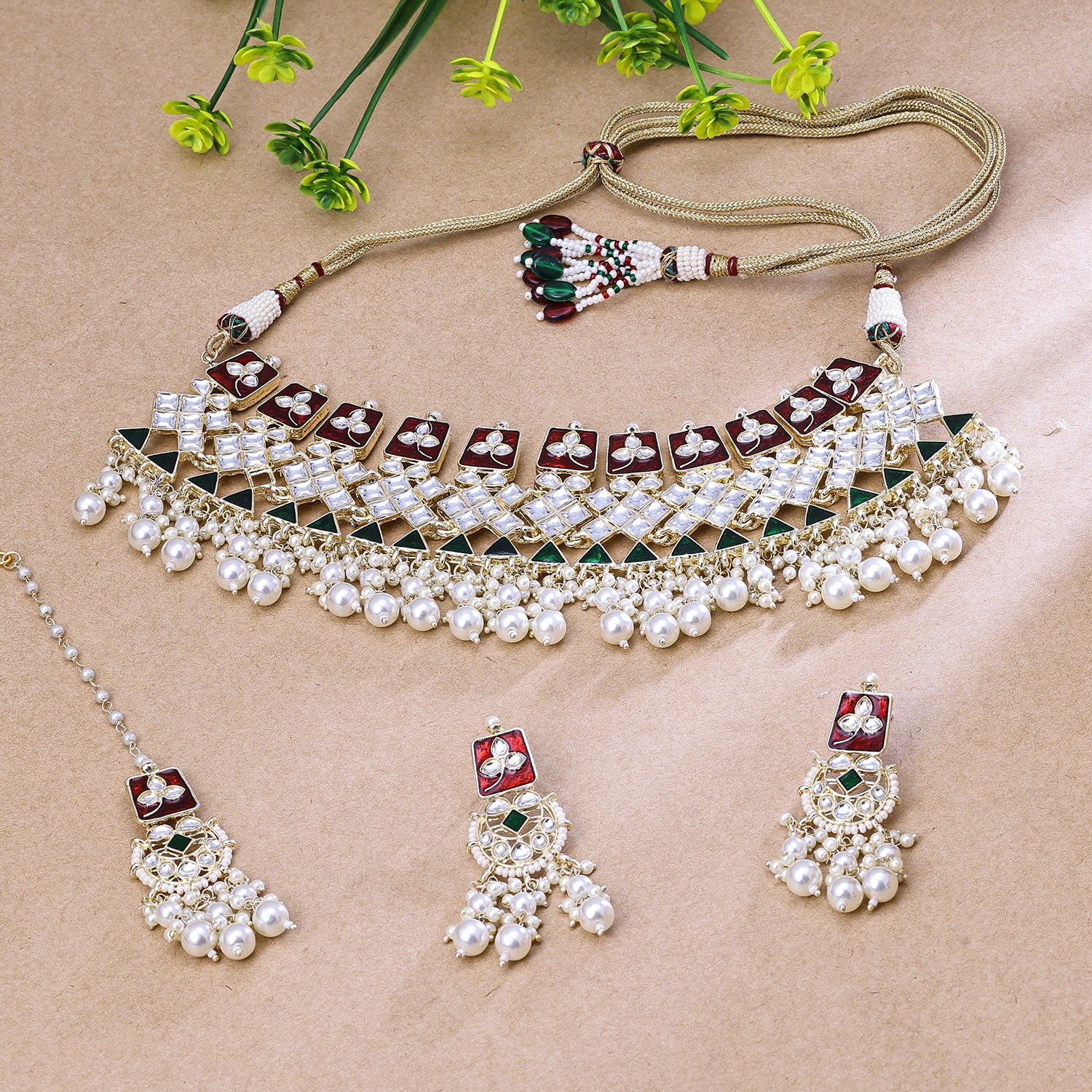 Sukkhi Satisfactory Multicolor Kundan Gold Plated Traditional Necklace Set With Maang Tikka for Women