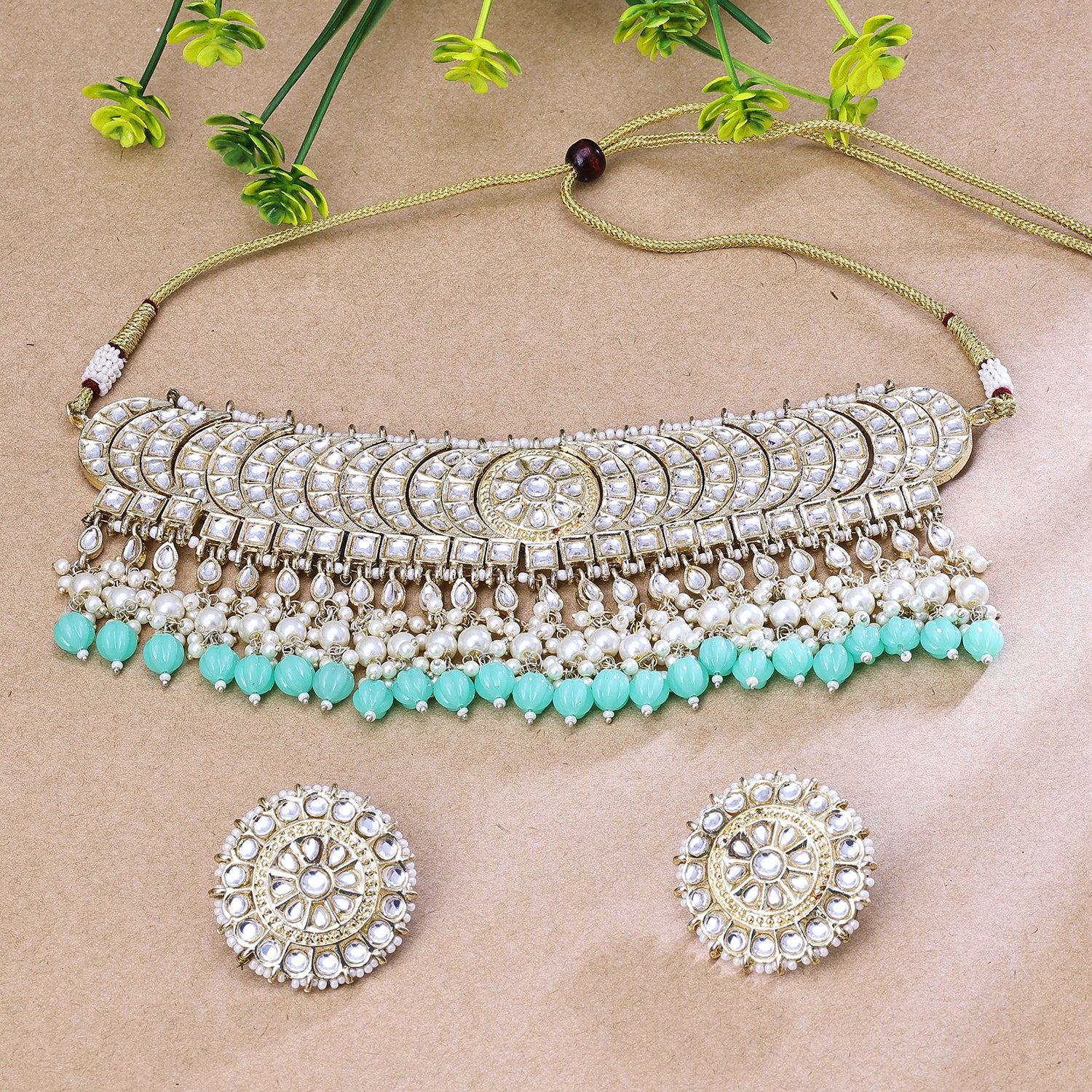 Sukkhi Arresting Aqua Green Austrian Stone Gold Plated Traditional Necklace Set for Women