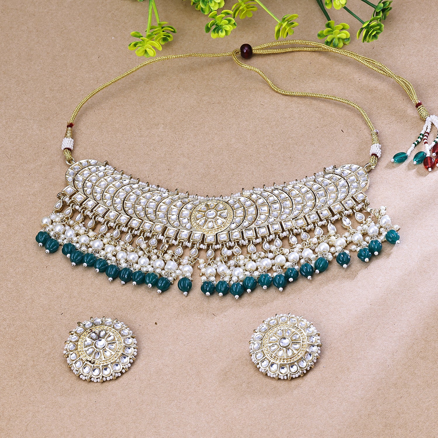 Sukkhi Enthralling Green Kundan Gold Plated Traditional Necklace Set for Women