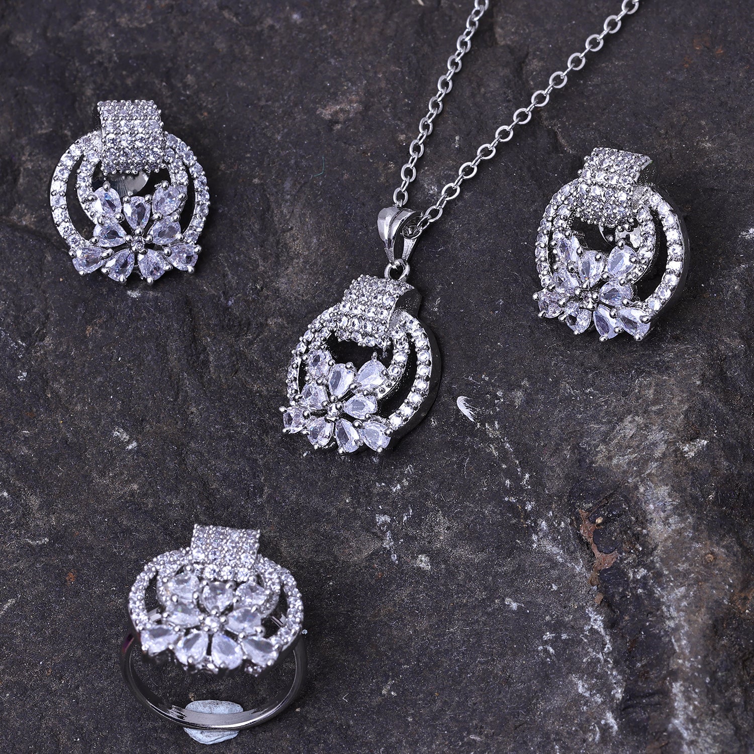 Sukkhi Delightful Silver CZ Stone Rhodium Plated Collar Pendant Set with Finger Ring for Women