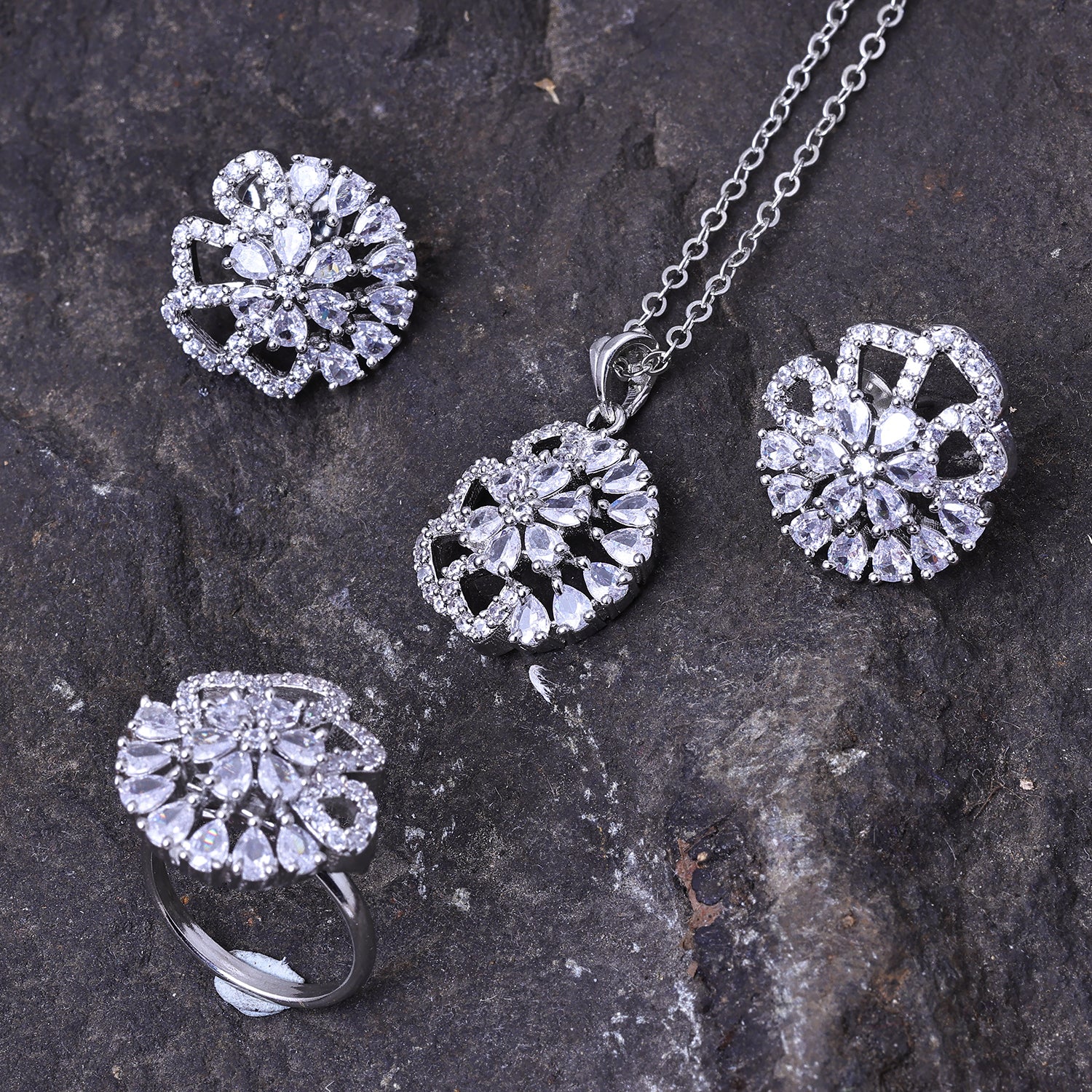 Sukkhi Pleasant Silver CZ Stone Rhodium Plated Collar Pendant Set with Finger Ring for Women