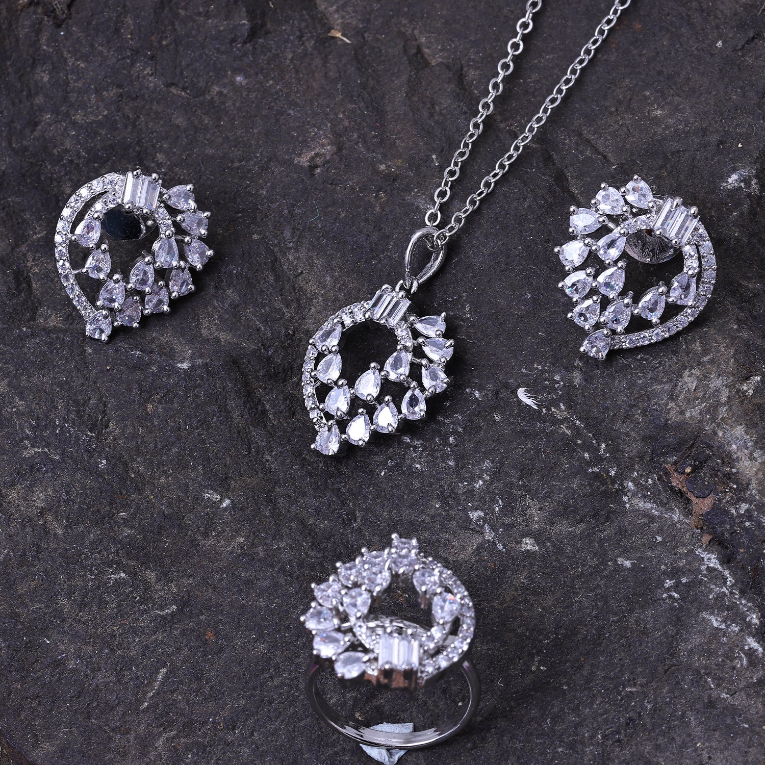 Sukkhi Pleasing Silver CZ Stone Rhodium Plated Collar Pendant Set with Finger Ring for Women