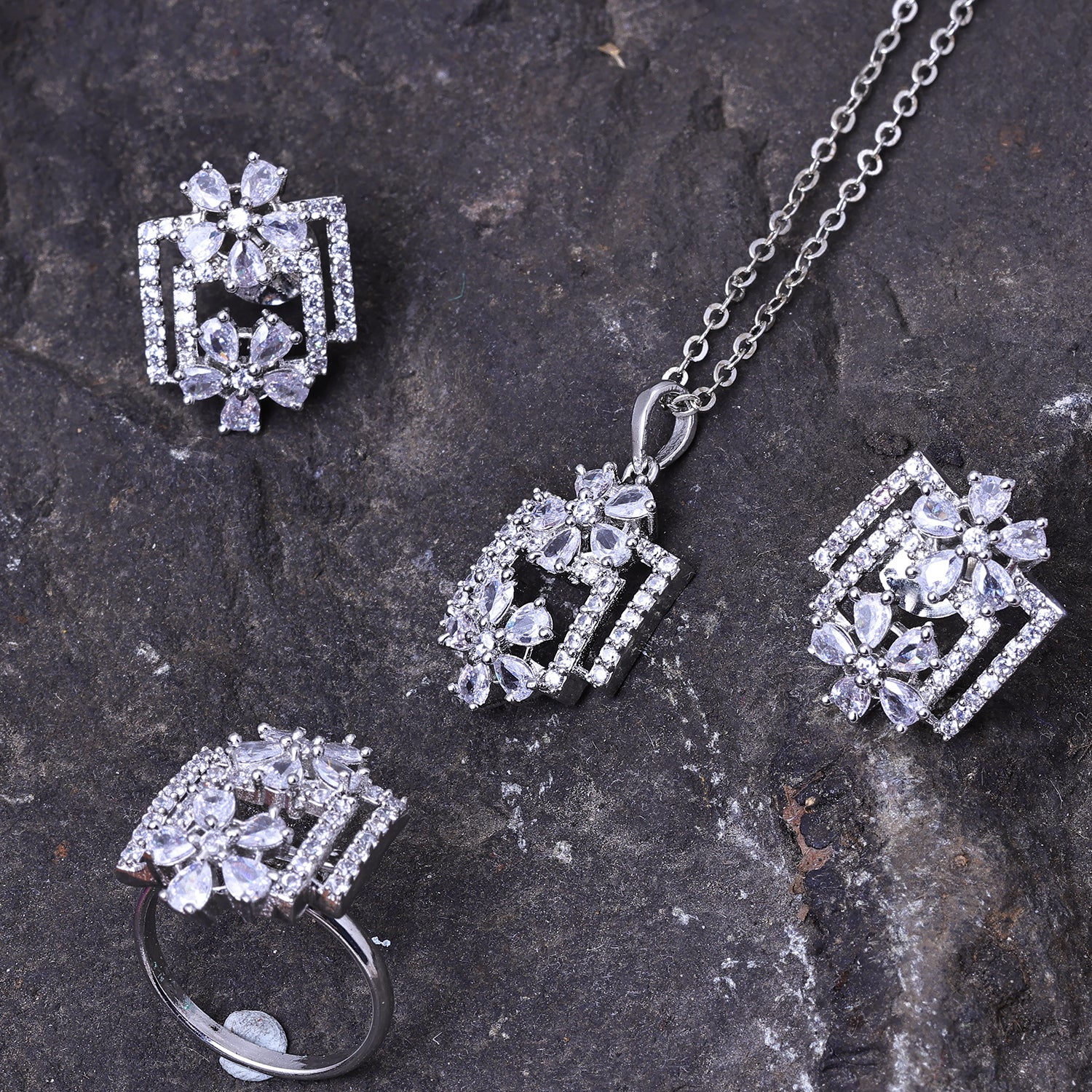 Sukkhi Appealing Silver CZ Stone Rhodium Plated Collar Pendant Set with Finger Ring for Women