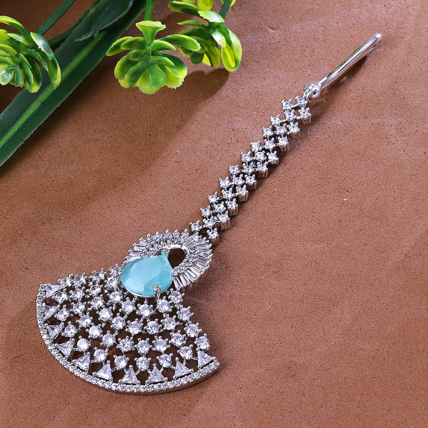 Sukkhi Glamorous Aqua Blue And Silver CZ Stone Rhodium Plated Traditional Maang Tikka for Women