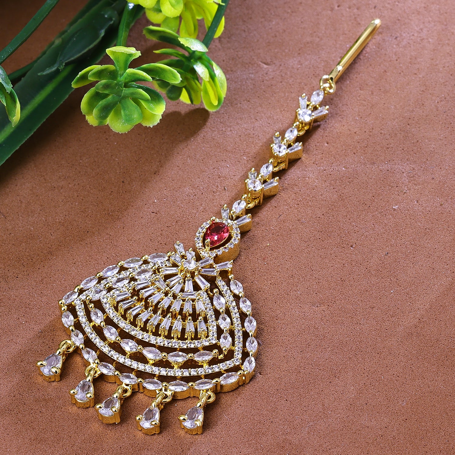 Sukkhi Arresting Golden CZ Stone Gold Plated Traditional Maang Tikka for Women