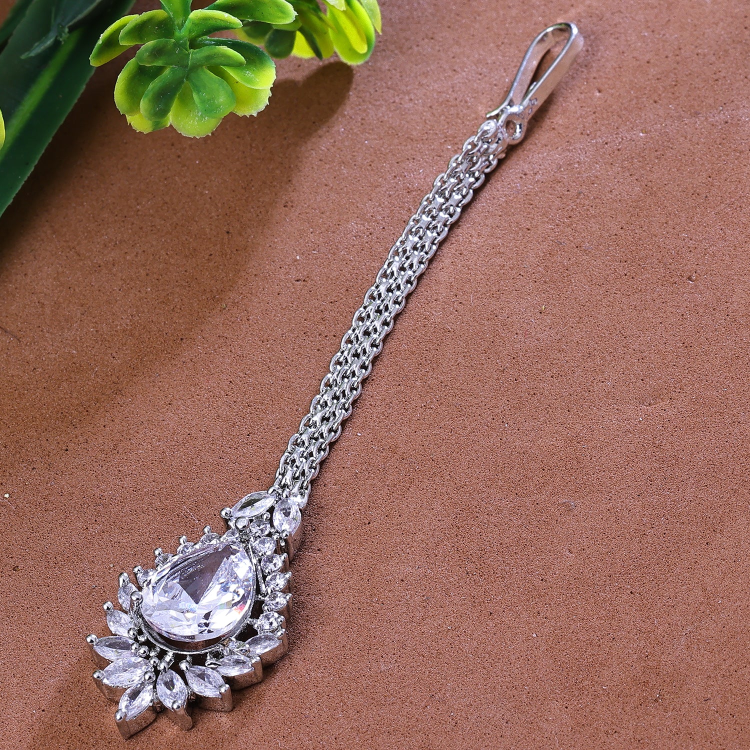 Sukkhi Engrossing Silver CZ Stone Rhodium Plated Traditional Maang Tikka for Women
