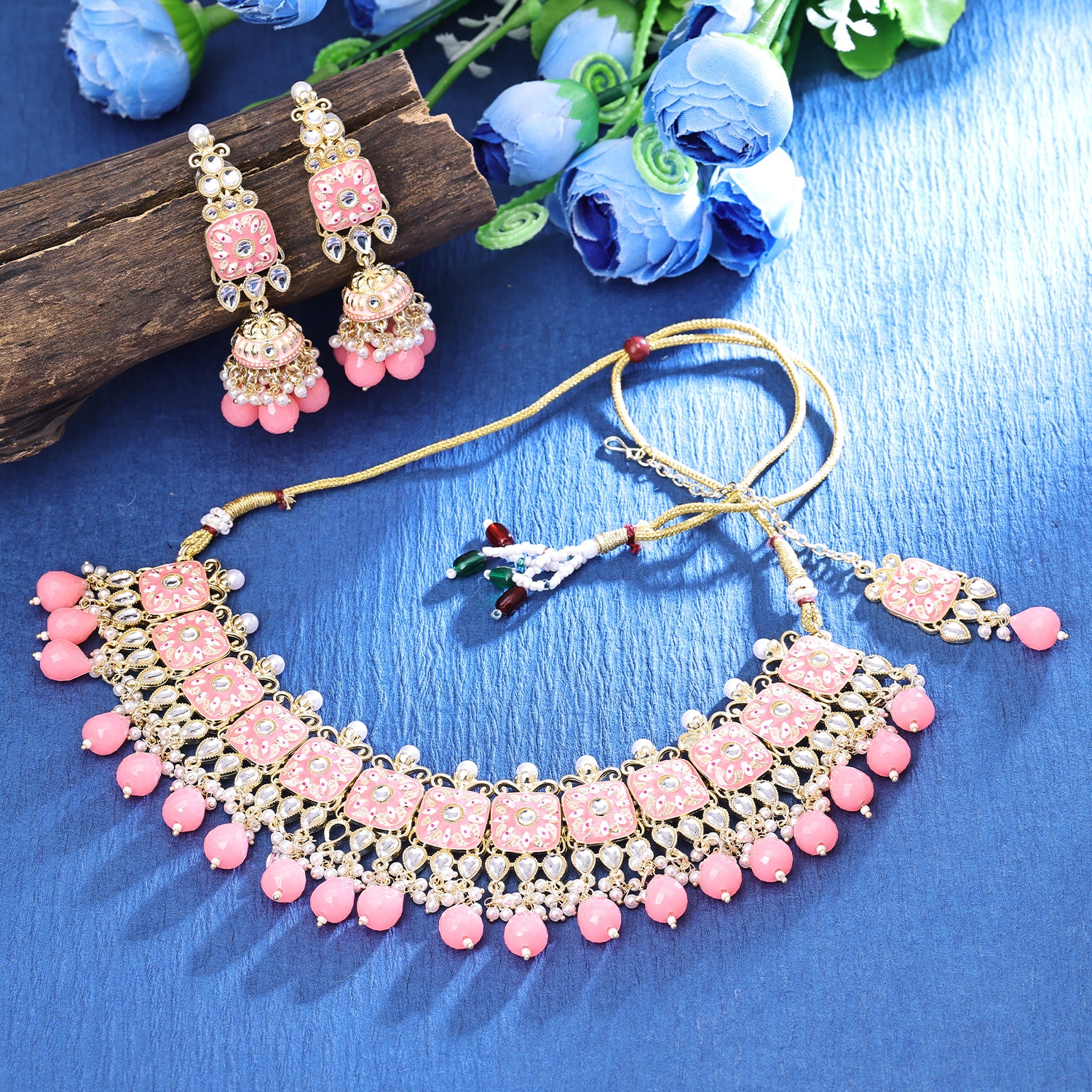 Sukkhi Enchanting Gold Plated Meenakari Choker Necklace Set For Women