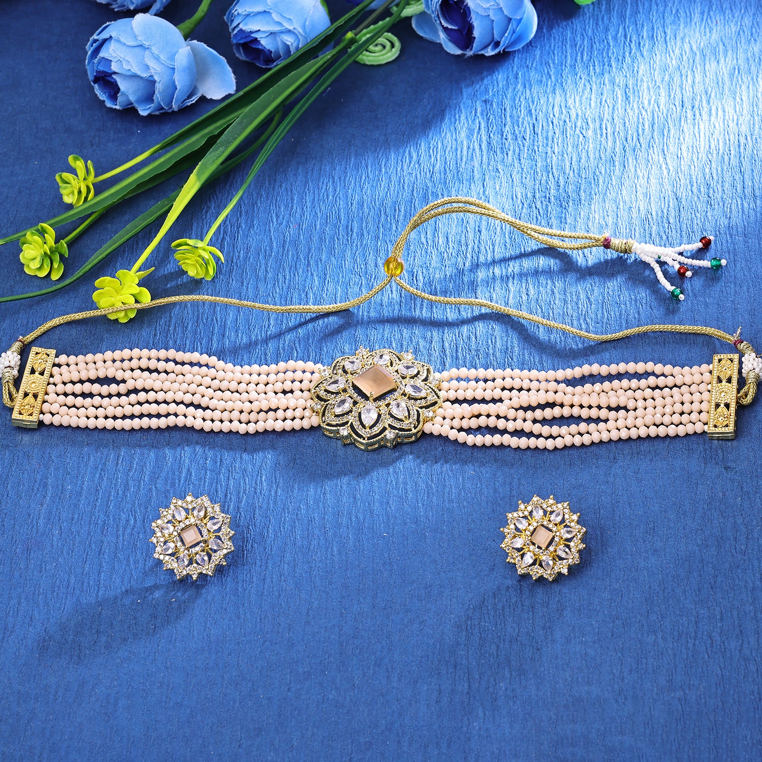 Sukkhi Glimmery Gold Plated Choker Necklace Set For Women