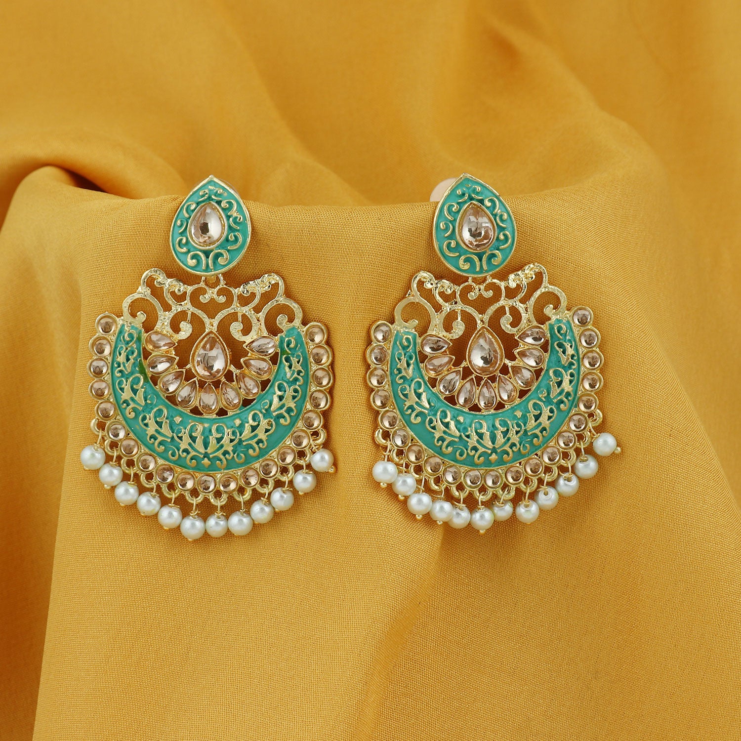 Sukkhi Glistening LCT Gold Plated Pearl Meenakari Chandbali Earring For Women