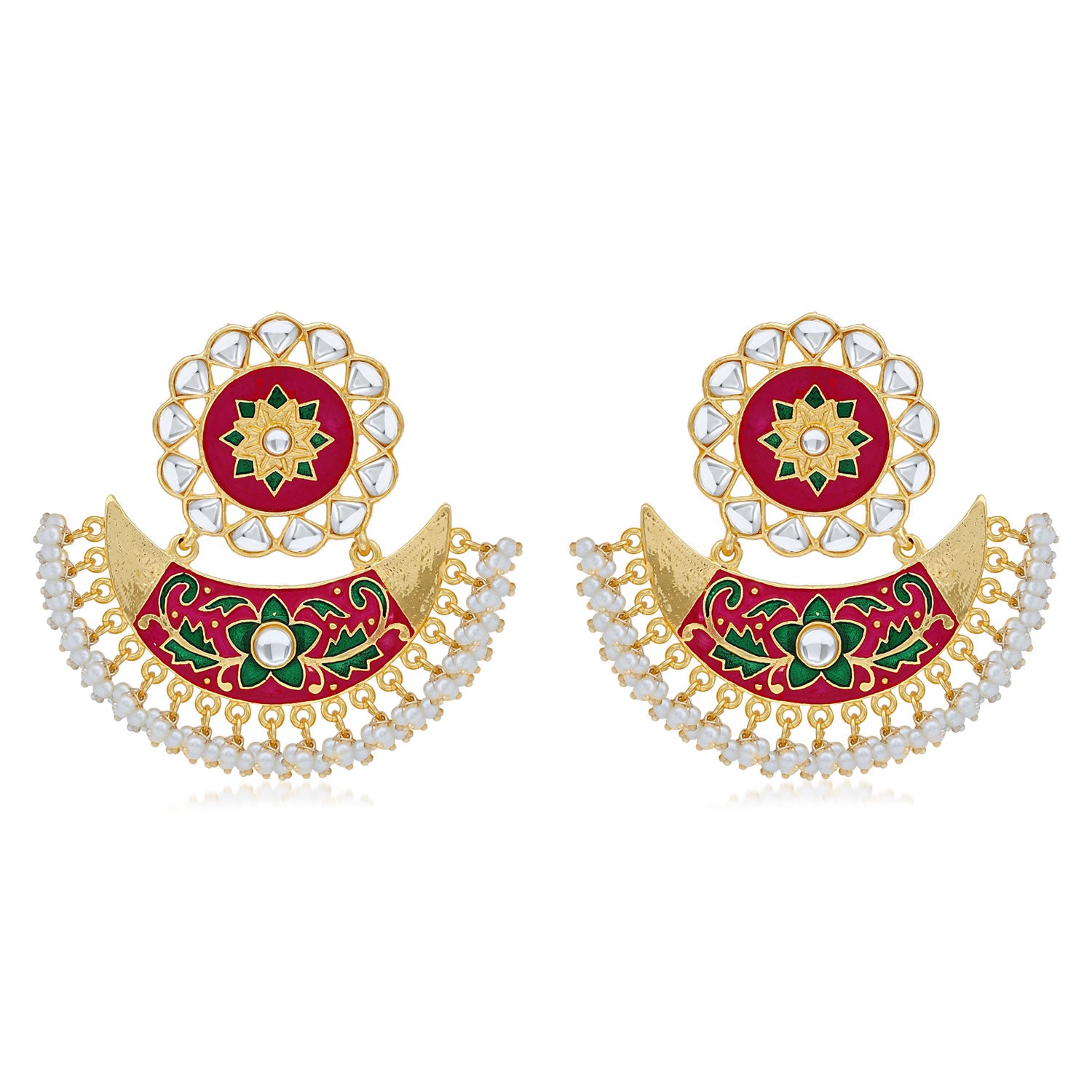Sukkhi Incredible Pearl Gold Plated Kundan Floral Meenakari Chandbali Earring For Women
