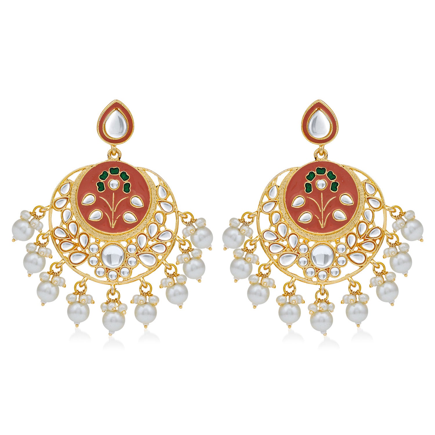 Sukkhi Attractive Pearl Gold Plated Kundan Meenakari Chandbali Earring For Women