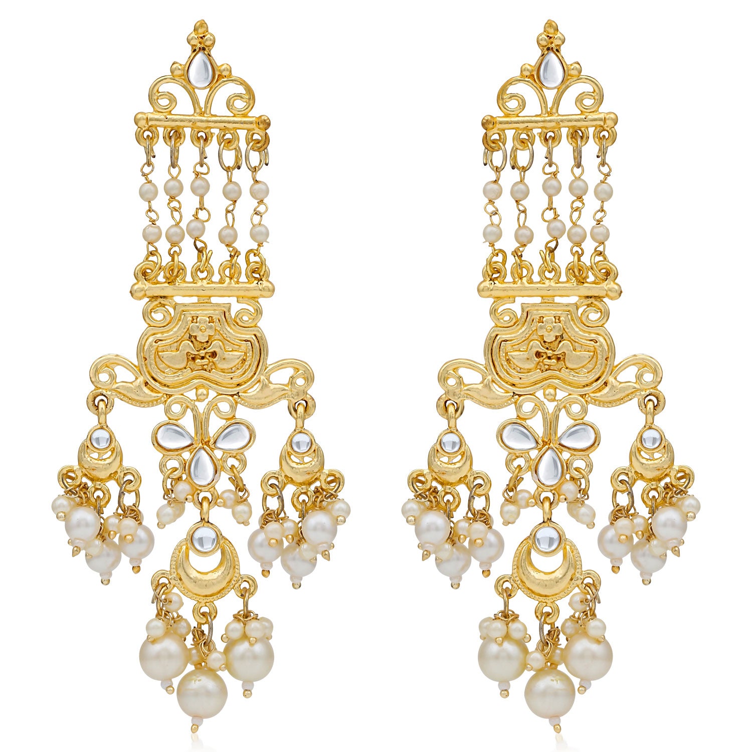 Sukkhi Glossy Pearl Gold Plated Kundan Meenakari Chandelier Earring For Women