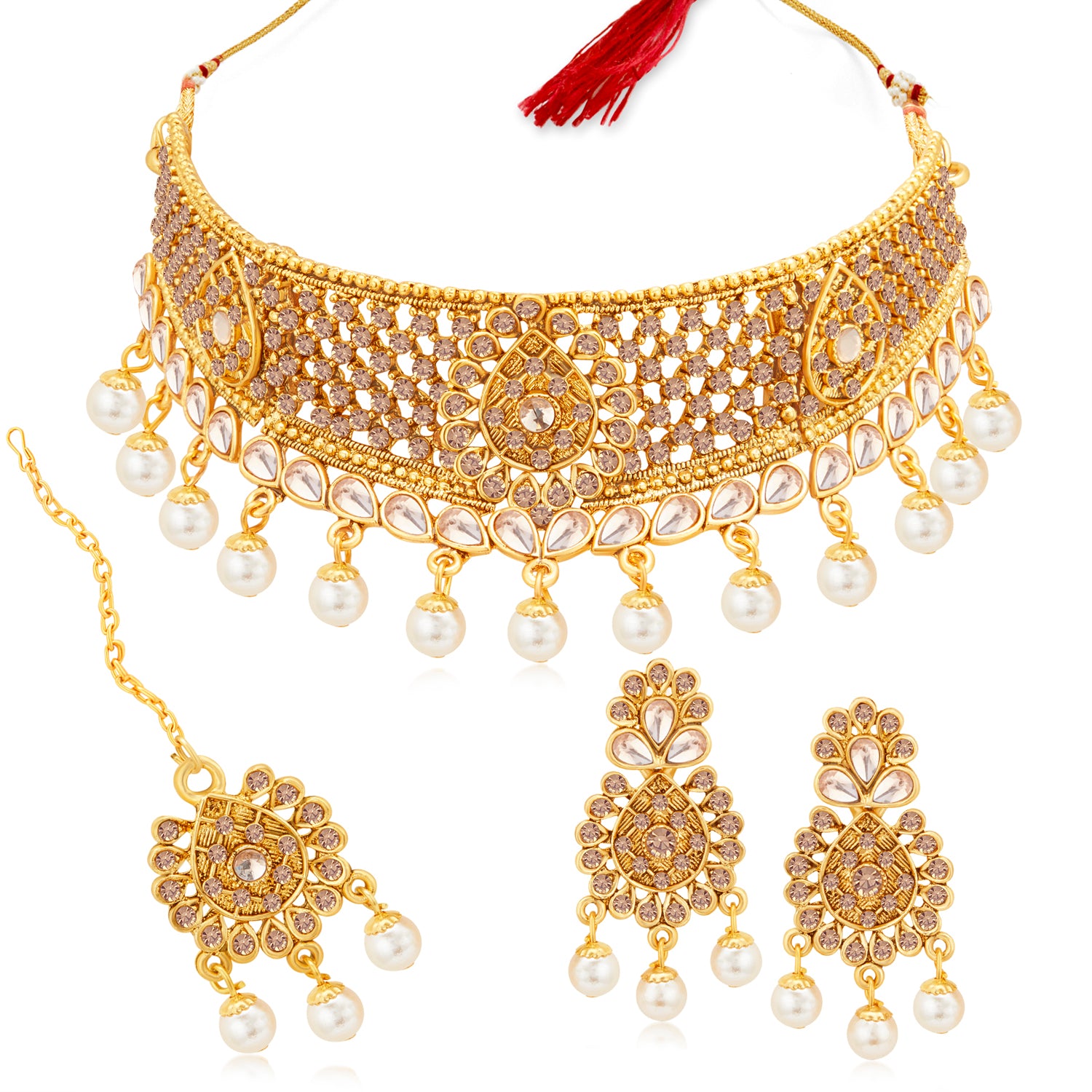 Sukkhi Glorious Gold Plated LCT Stone & Pearl Choker Necklace Set for Women