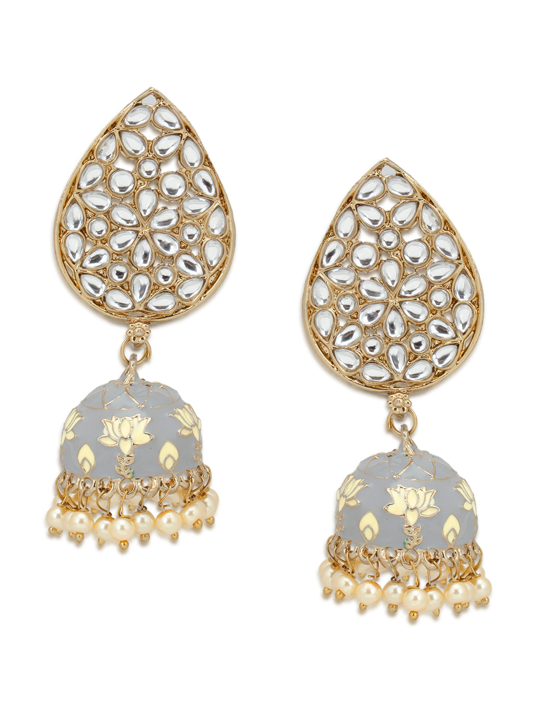 Sukkhi Gleaming Pearl Gold Plated Kundan Lotus Meenakari Jhumki Earring for Women