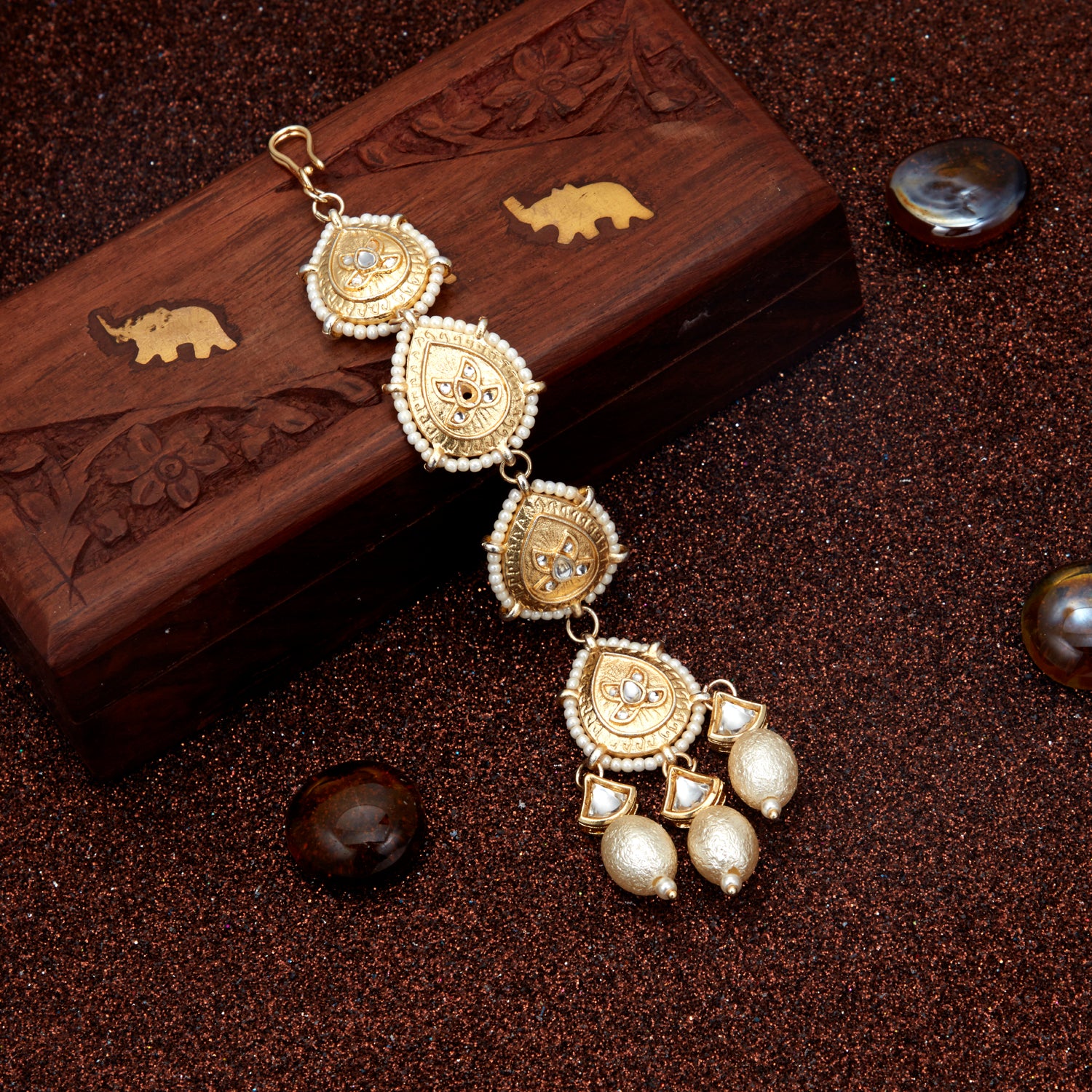 Sukkhi Excellent Pearl Gold Plated Kundan Maangtikka Worn By Karisma Kapoor