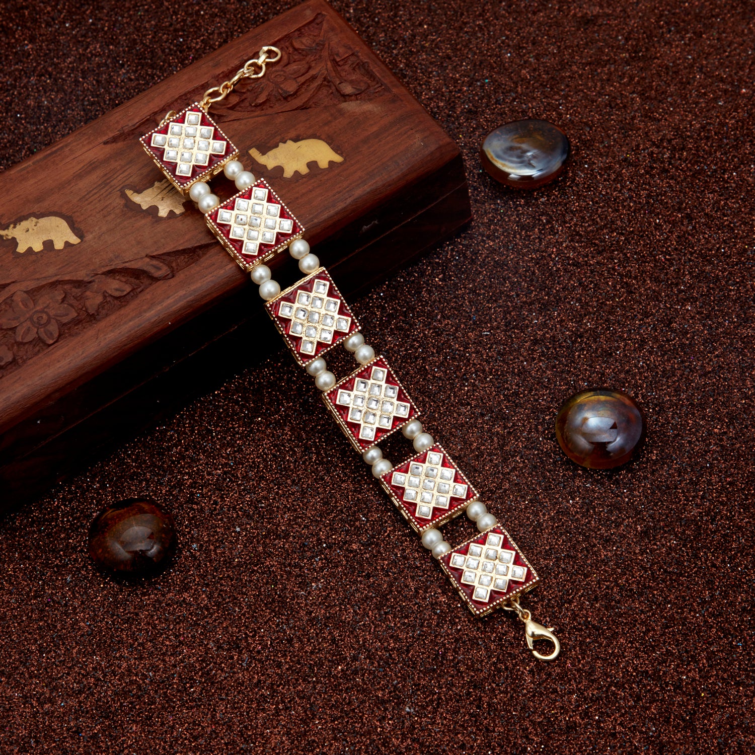 Sukkhi Modish Pearl Gold Plated Meenakari Bracelet Worn By Karisma Kapoor