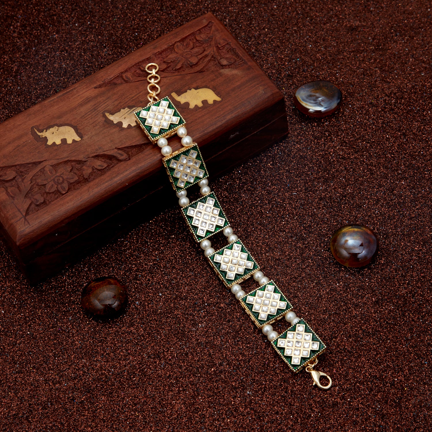 Sukkhi Sparkling Pearl Gold Plated Meenakari Bracelet Worn By Karisma Kapoor