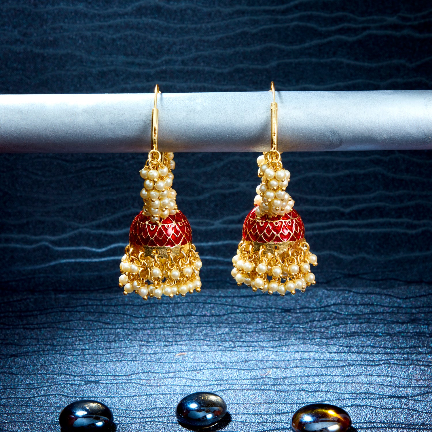 Sukkhi Charming Pearl Gold Plated Meenakari Jhumki Earring Set Worn By Karisma Kapoor