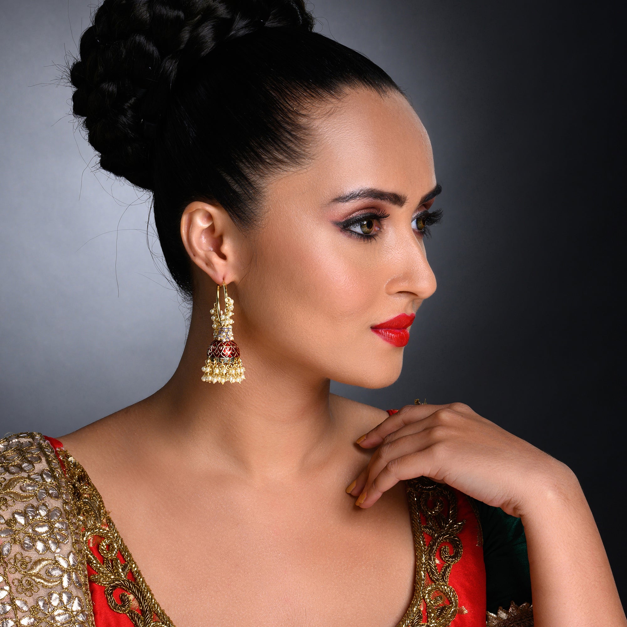 Sukkhi Charming Pearl Gold Plated Meenakari Jhumki Earring Set Worn By Karisma Kapoor