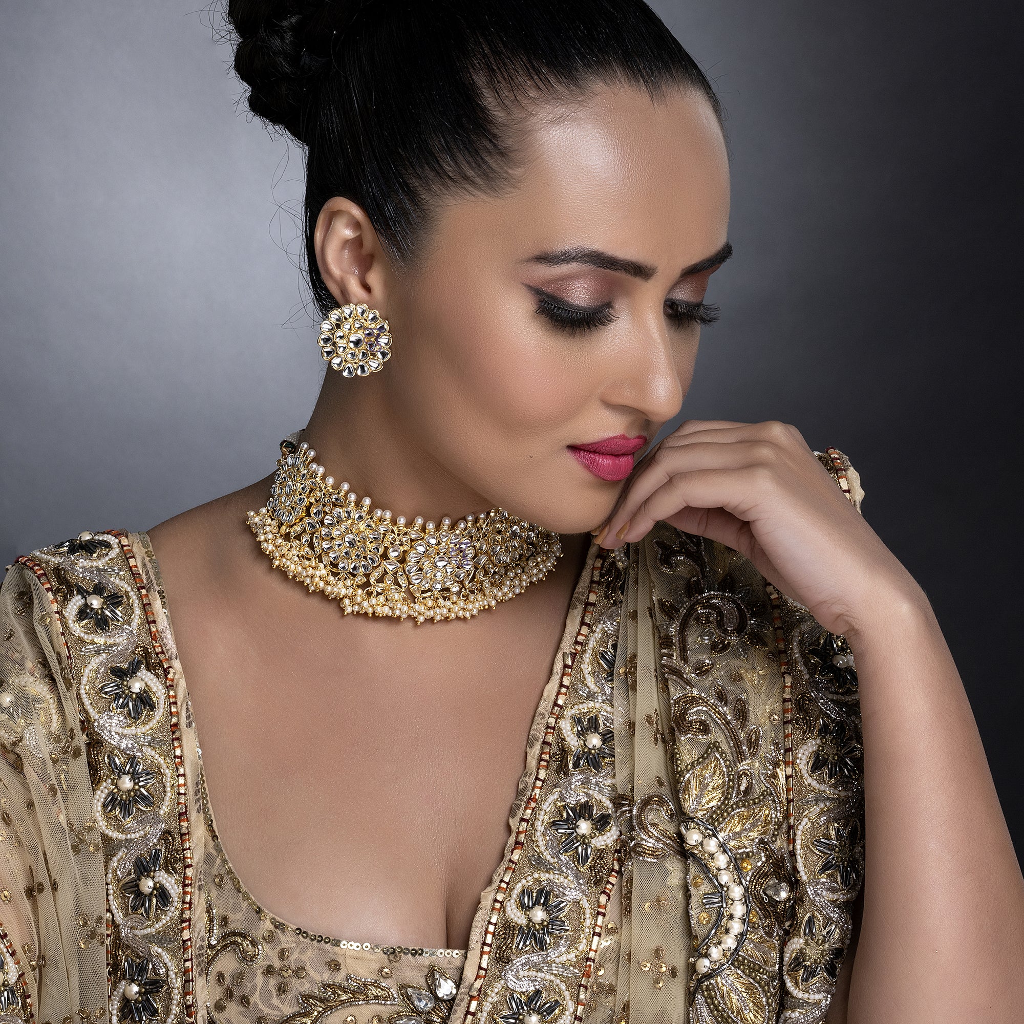 Sukkhi Stylish Gold Plated Kundan & Pearl Choker Necklace Set Worn By Karisma Kapoor