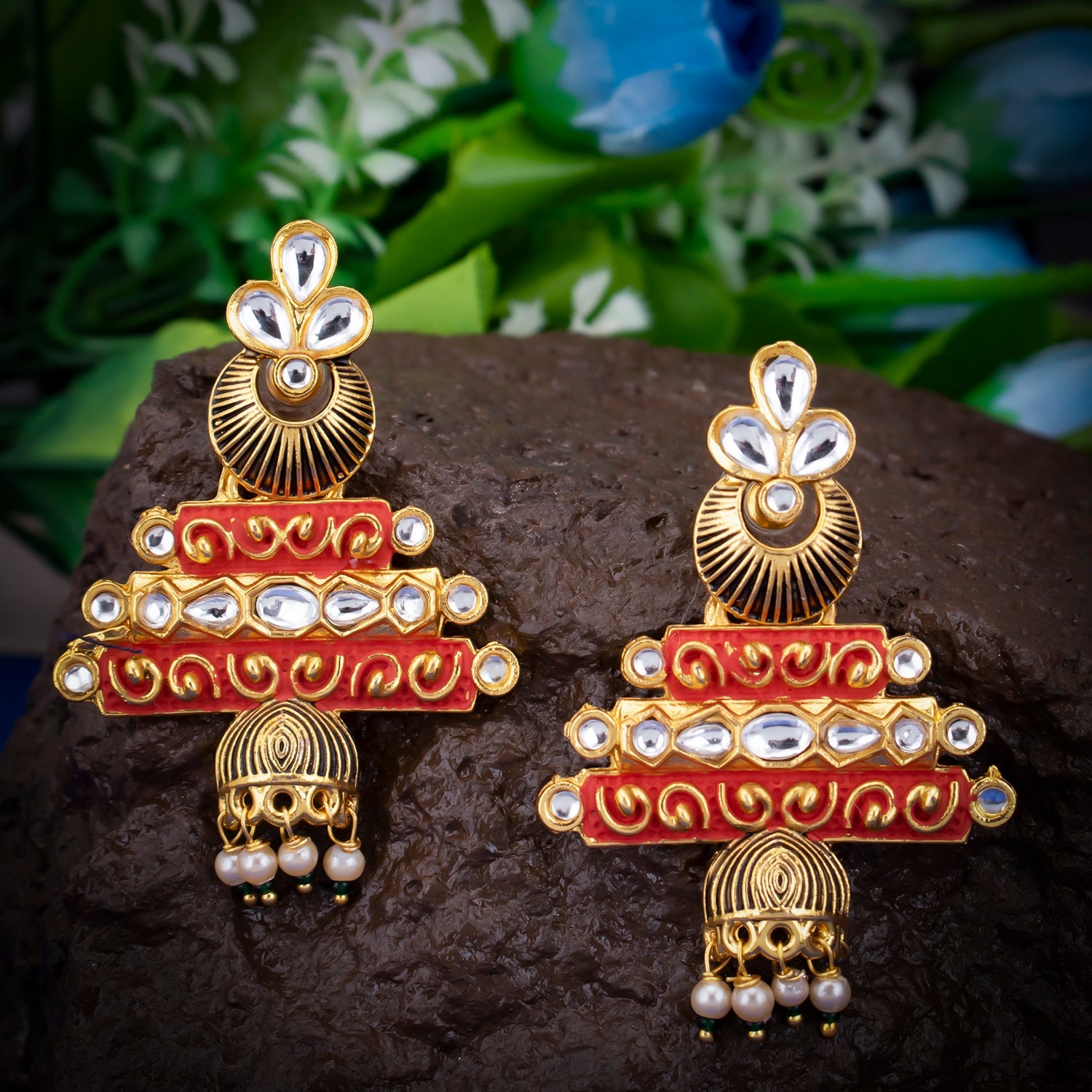 Sukkhi Shimmering Red Mint Kundan Gold Plated Pearl Drop Earring for Women