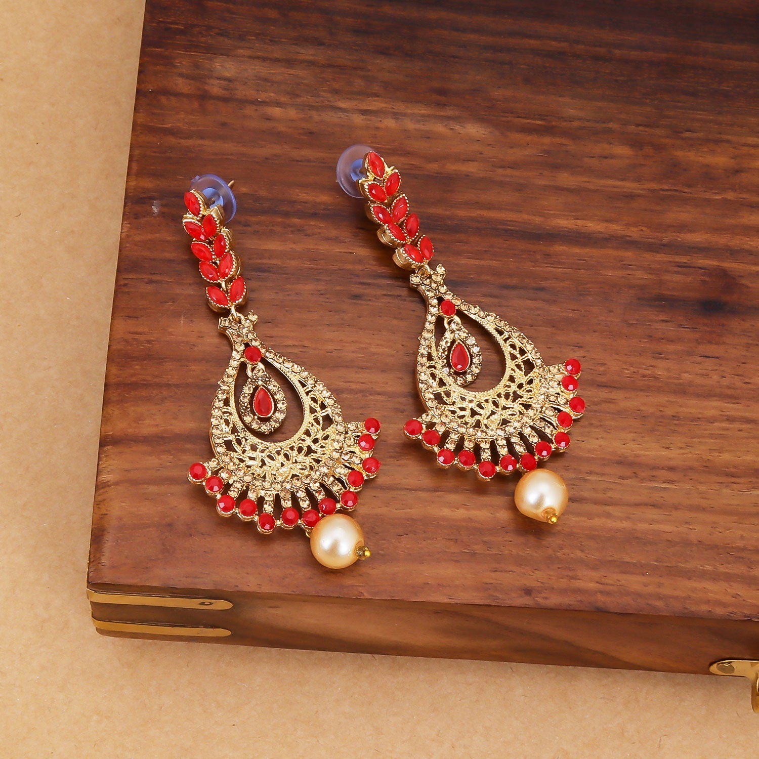 Sukkhi Red Shimmering Pearl Dangle Gold Plated Earring for Women