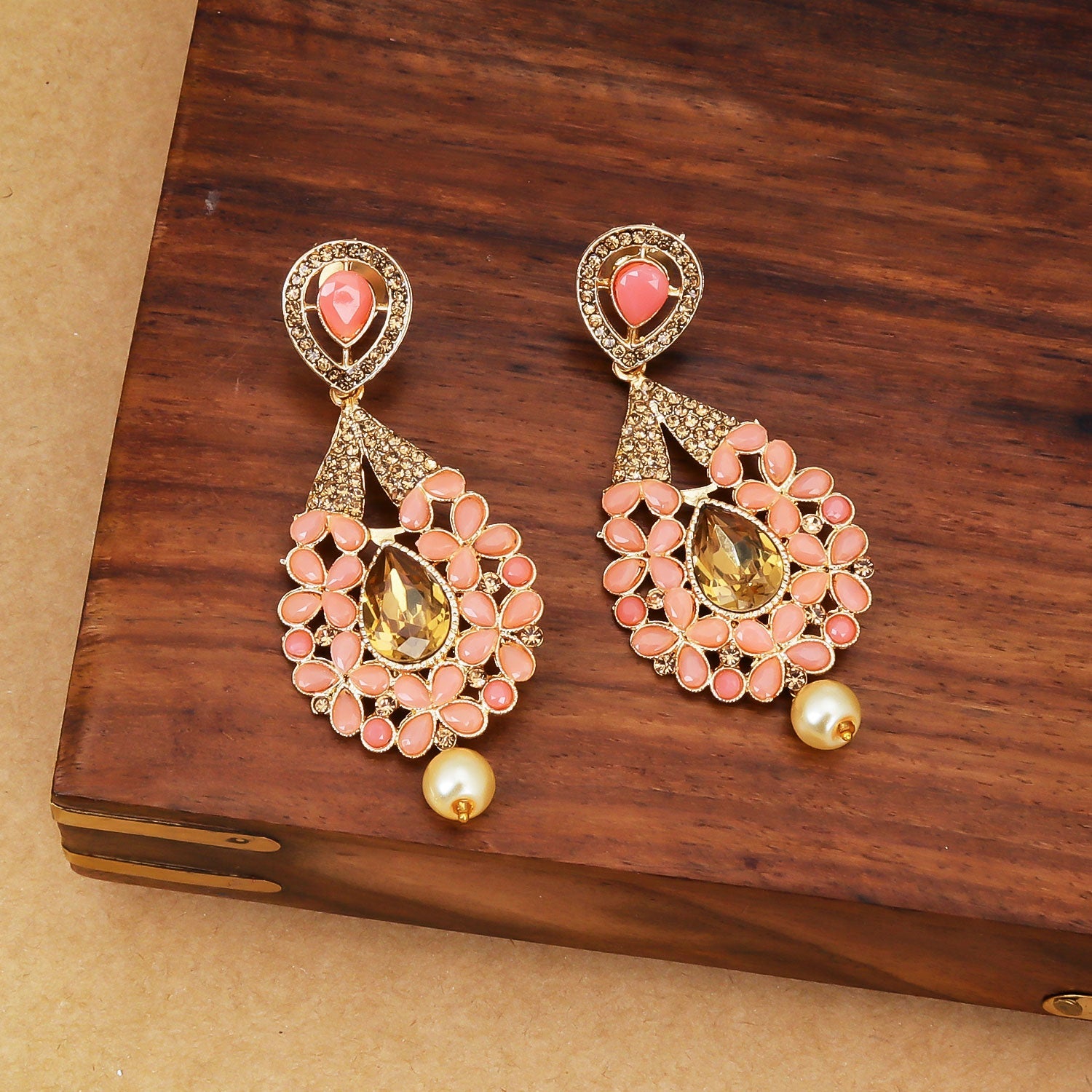 Sukkhi Peach Attractive AD Dangle Gold Plated Earring for Women