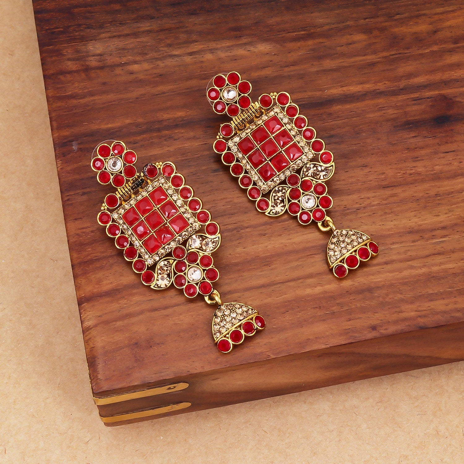 Sukkhi Red Spectacular AD Drop Gold Plated Earring for Women