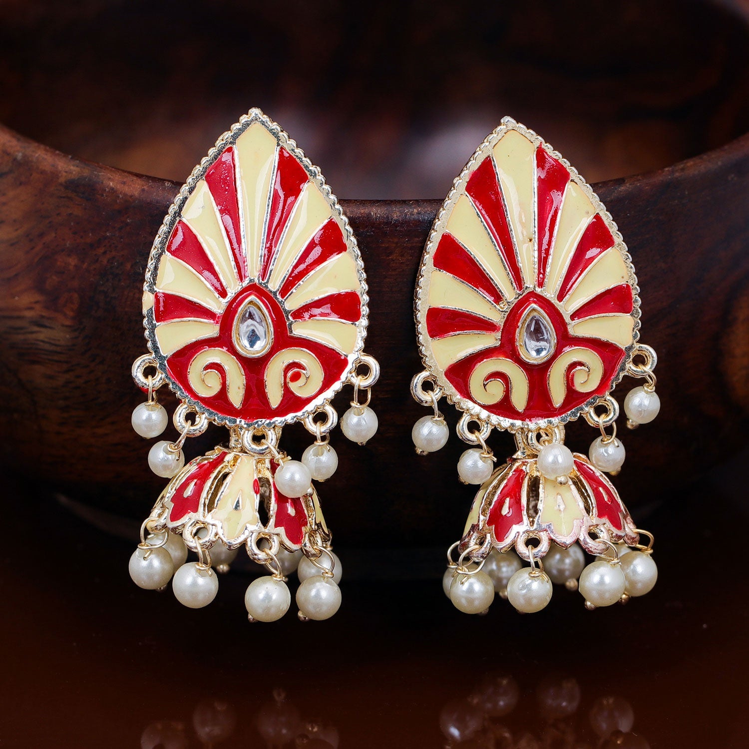 Sukkhi Yellow & Red Graceful Pearl Jhumki Gold Plated Earring for Women