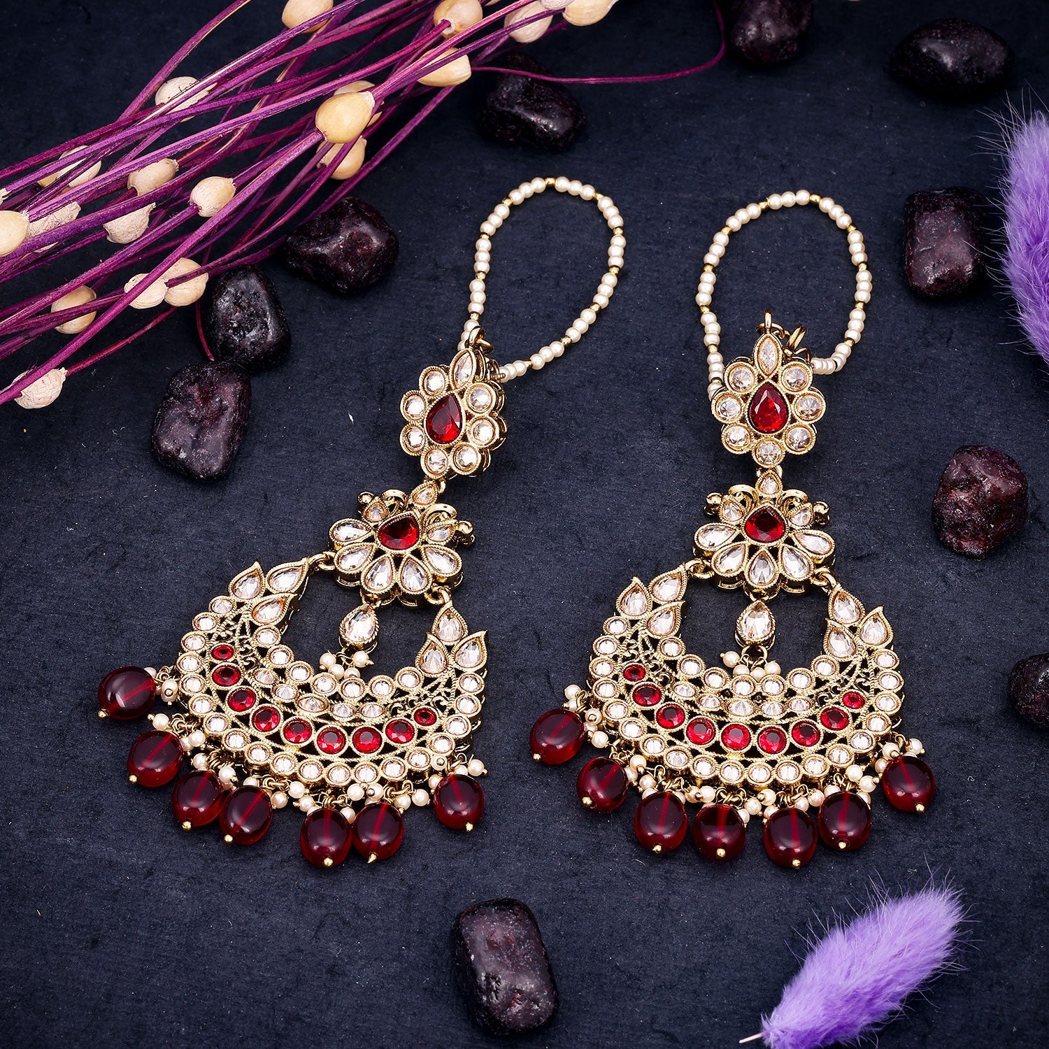 Sukkhi Attractive Ruby Reverse AD & Pearl Gold Plated Dangle Earring for Women