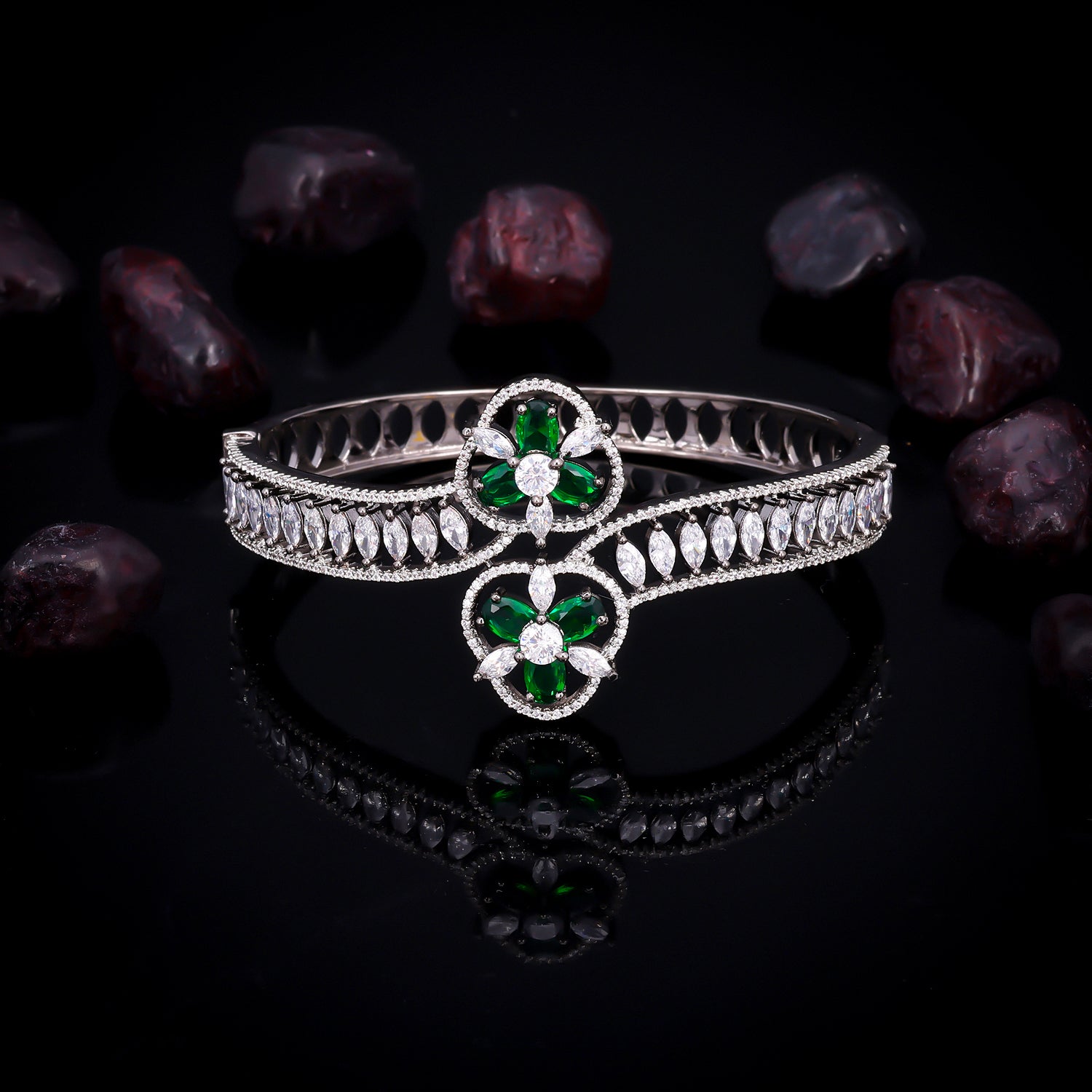 Sukkhi Fine Green CZ Rhodium Plated Kada for Women