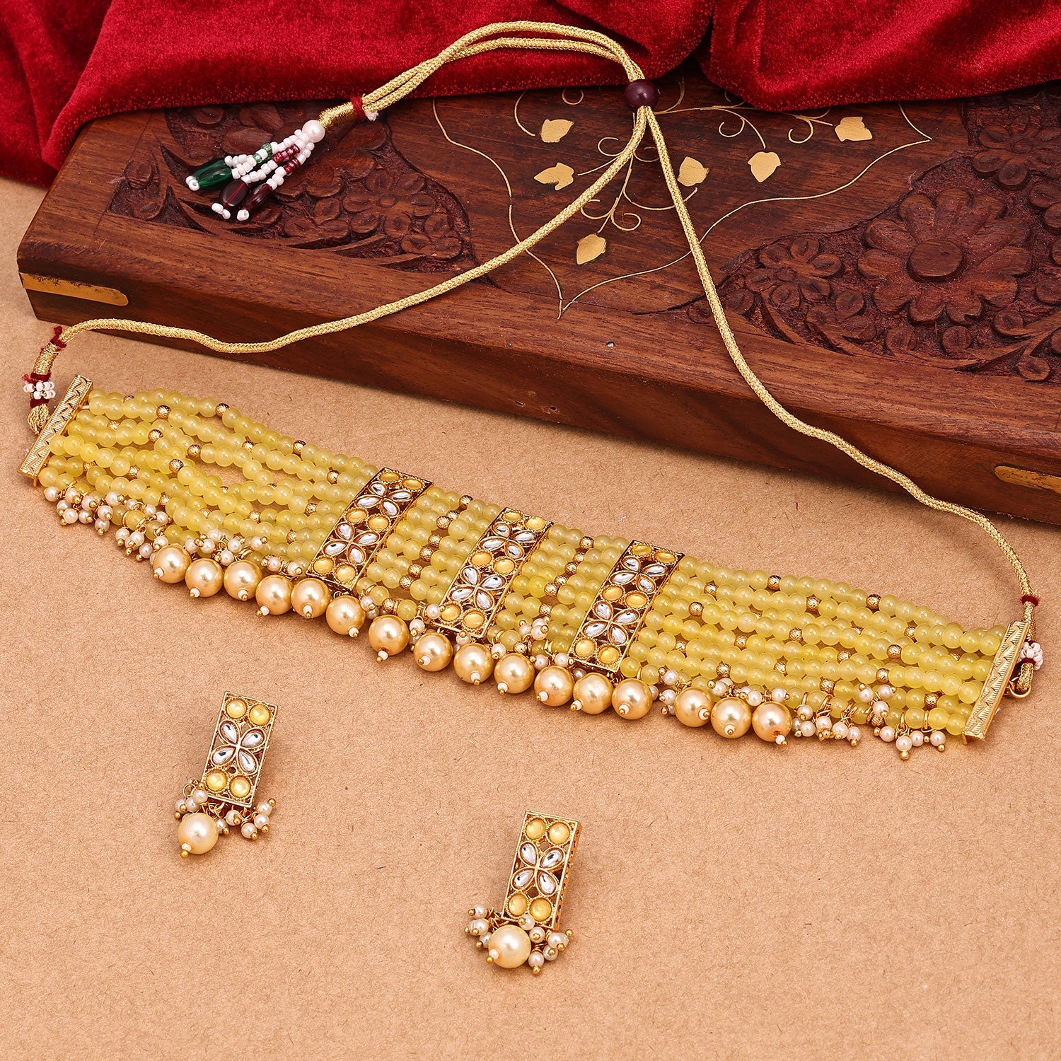 Sukkhi Glorious Kundan & Pearl Choker Yellow Gold Plated Necklace Set For Women