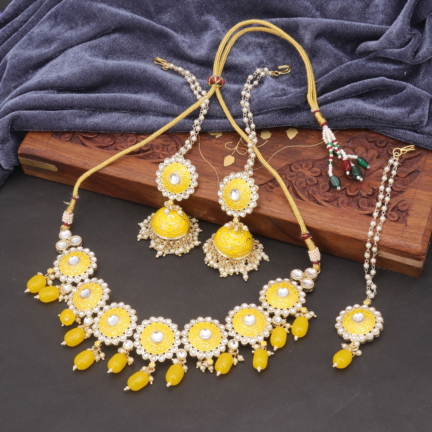 Sukkhi Glamorous Kundan & Pearl Choker Gold Plated Yellow Necklace Set For Women