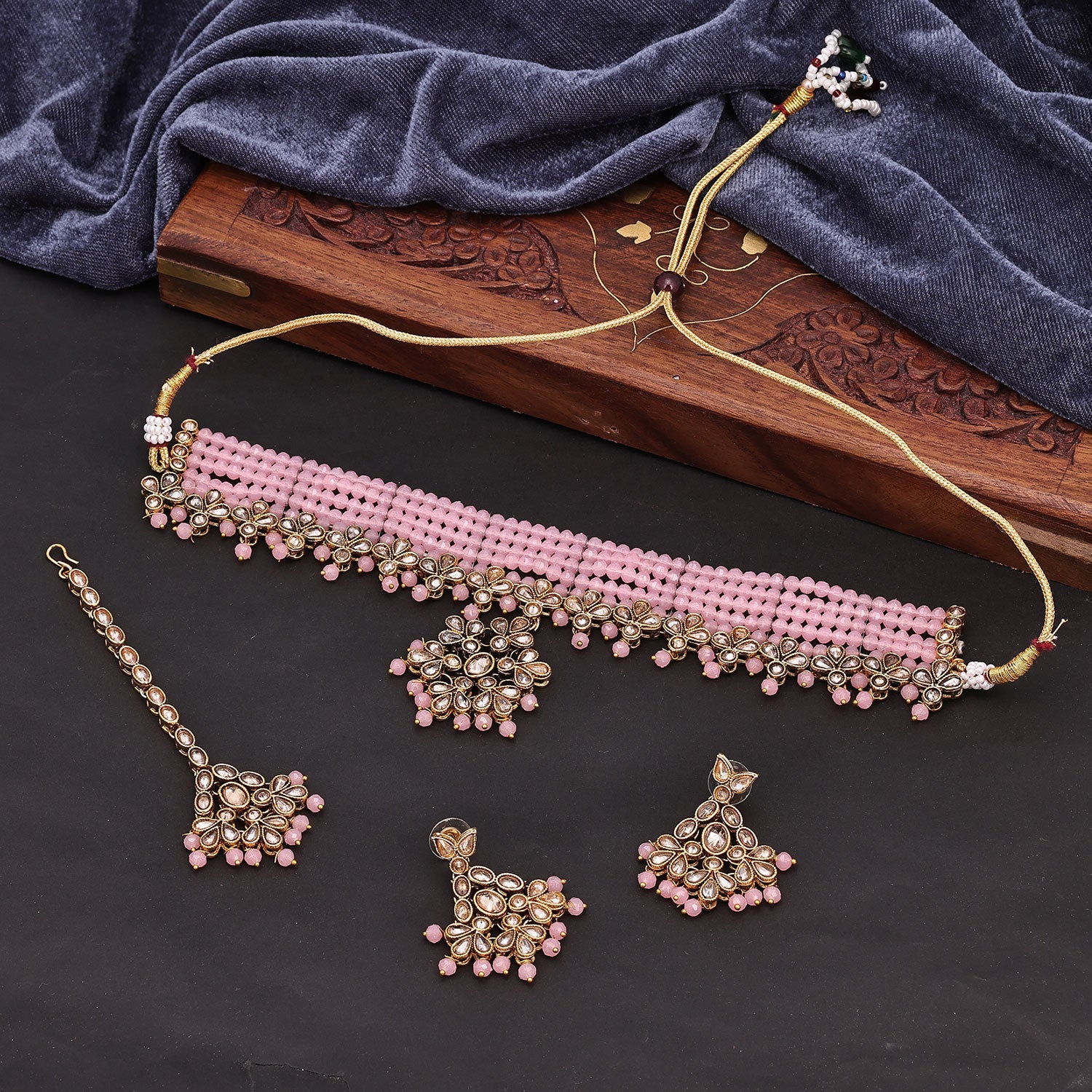 Sukkhi Trendy Choker Reverse AD & Pearl Pink Gold Plated Necklace Set For Women