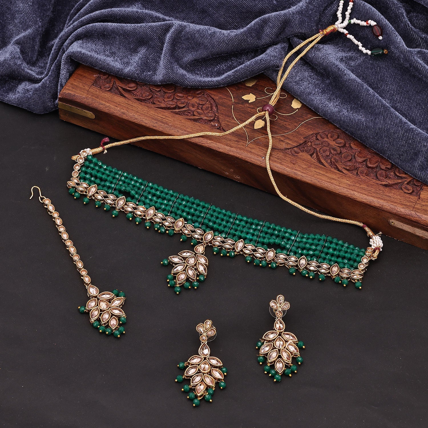 Sukkhi Graceful Choker Reverse AD & Pearl Green Gold Plated Necklace Set For Women