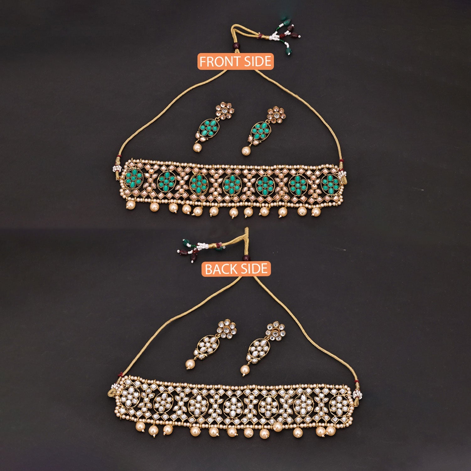 Sukkhi Intricately Choker Kundan & Pearl Green Gold Plated Necklace Set For Women