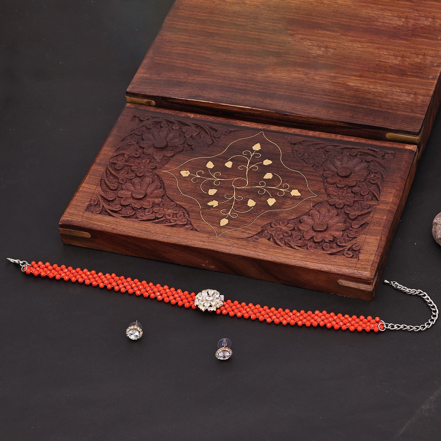 Sukkhi Fascinating Choker CZ Orange Gold Plated Necklace Set For Women