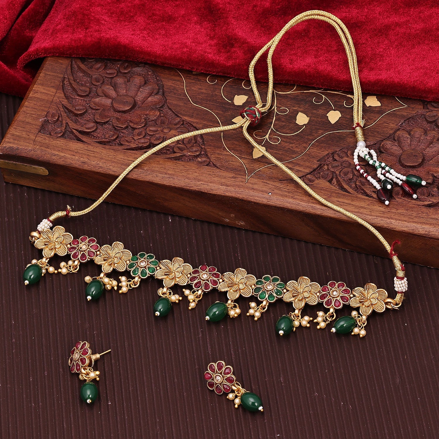 Sukkhi Stunning Choker Pearl Pink & Green Gold Plated Necklace Set For Women